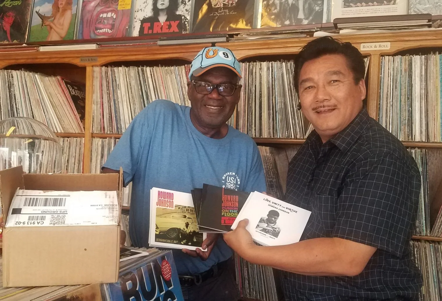 Howard Johnson, Platinum recording artist, producer with his latest freshly UK pressed 45's at As The Record Turns in Hollywood. 