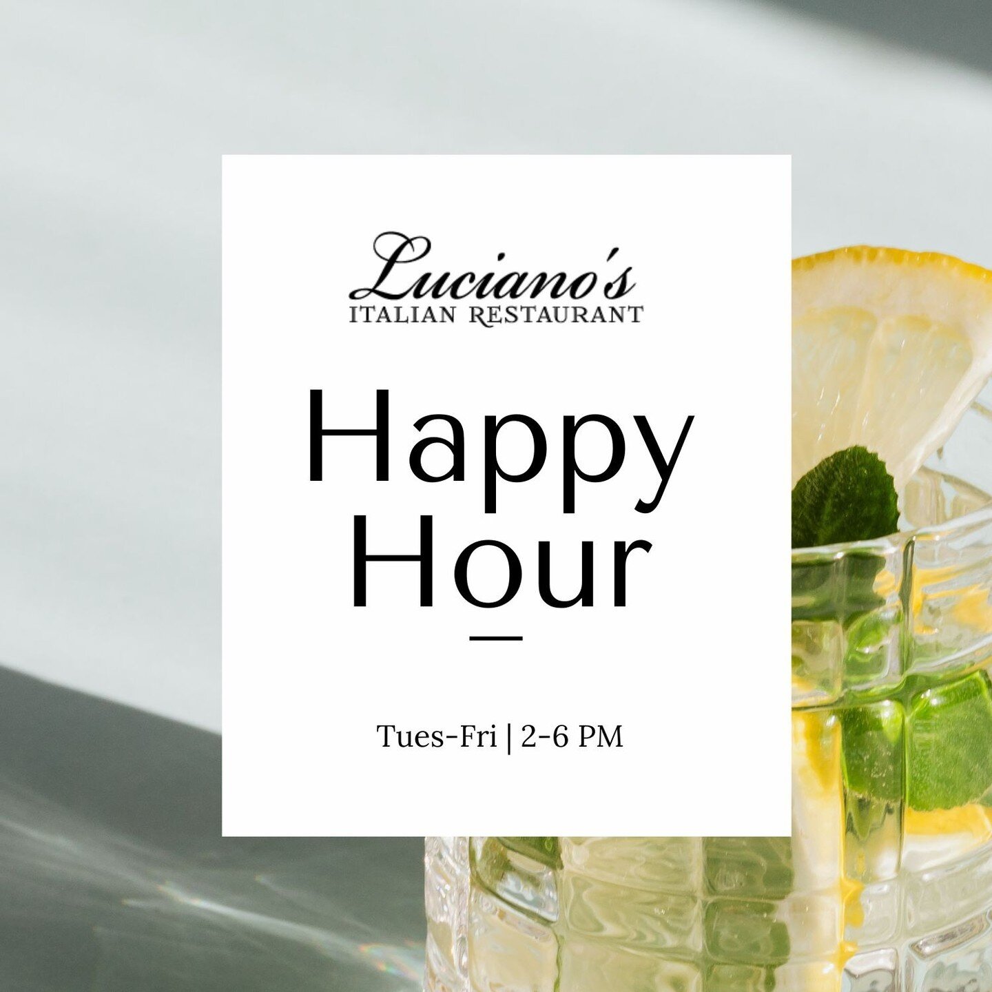 Join us for our New Happy Hour, Tuesday-Friday from 2-6 PM to enjoy: 

$7 house wines
$6 wells, 
$7 Absolut, Jack Daniel's, Tito's, Jim Beam, and Bacardi
$4.50 Domestic Beers
$5.50 Imported/Craft Beers