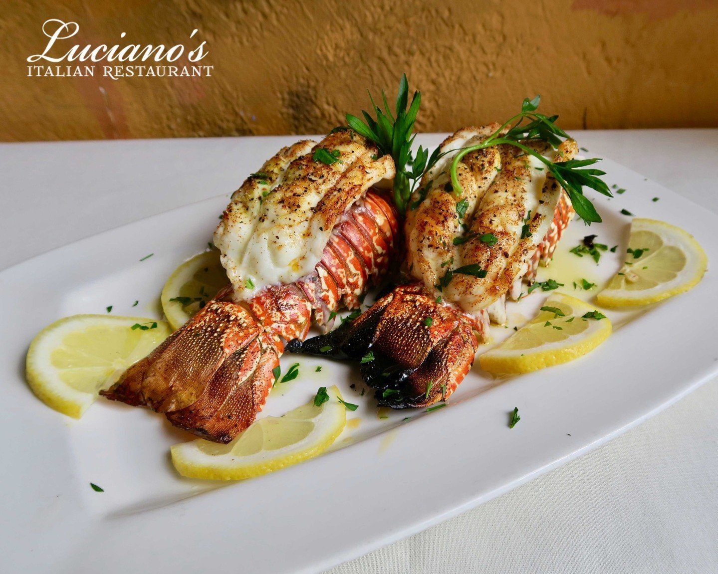 Enjoy Luciano's Twin Lobster Tail special, featuring two succulent 4oz South African lobster tails accompanied by a candle-lit dish of drawn butter.