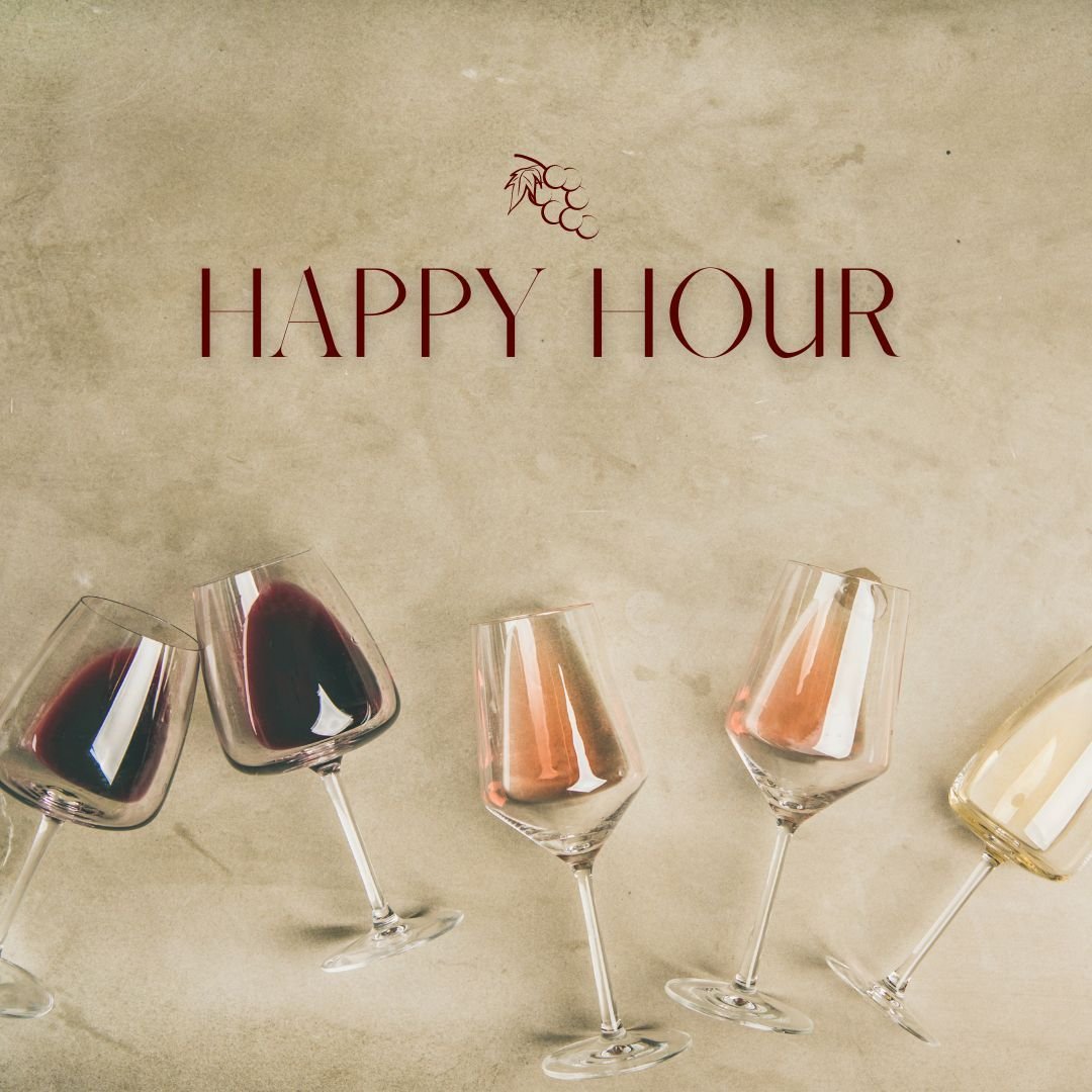 Join us for our New Happy Hour, Tuesday-Friday from 2-6 PM to enjoy:

$7 house wines
$6 wells,
$7 Absolut, Jack Daniel's, Tito's, Jim Beam, and Bacardi
$4.50 Domestic Beers
$5.50 Imported/Craft Beers