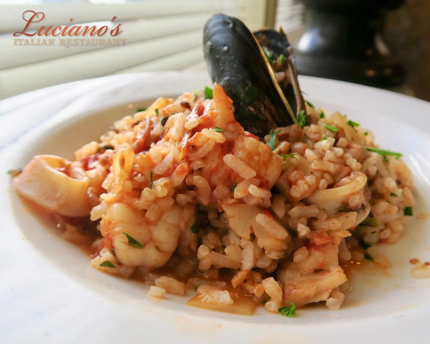 Our Risotto Marinara is a seafood lovers' dream! loaded with delicious Shrimp, Scallops, chopped Clams, and Calamari!