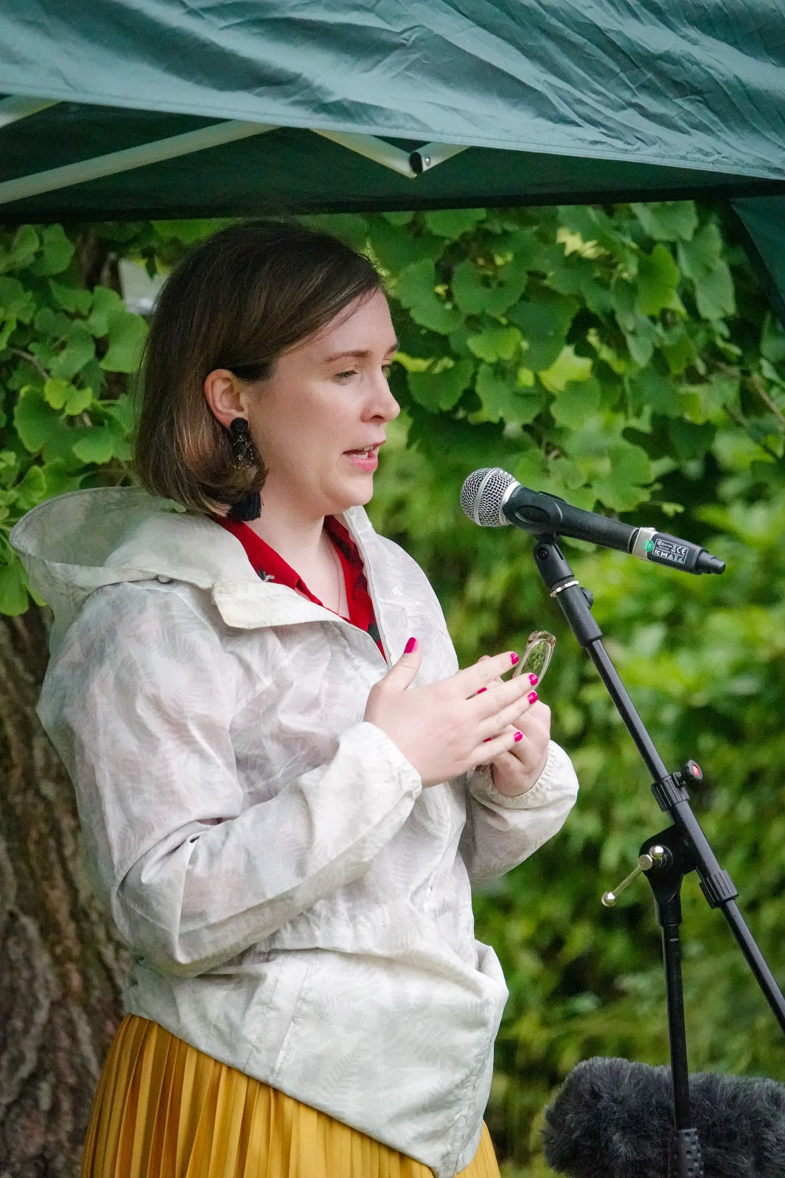 Grainne Brady introduces her new commission at the microphone.