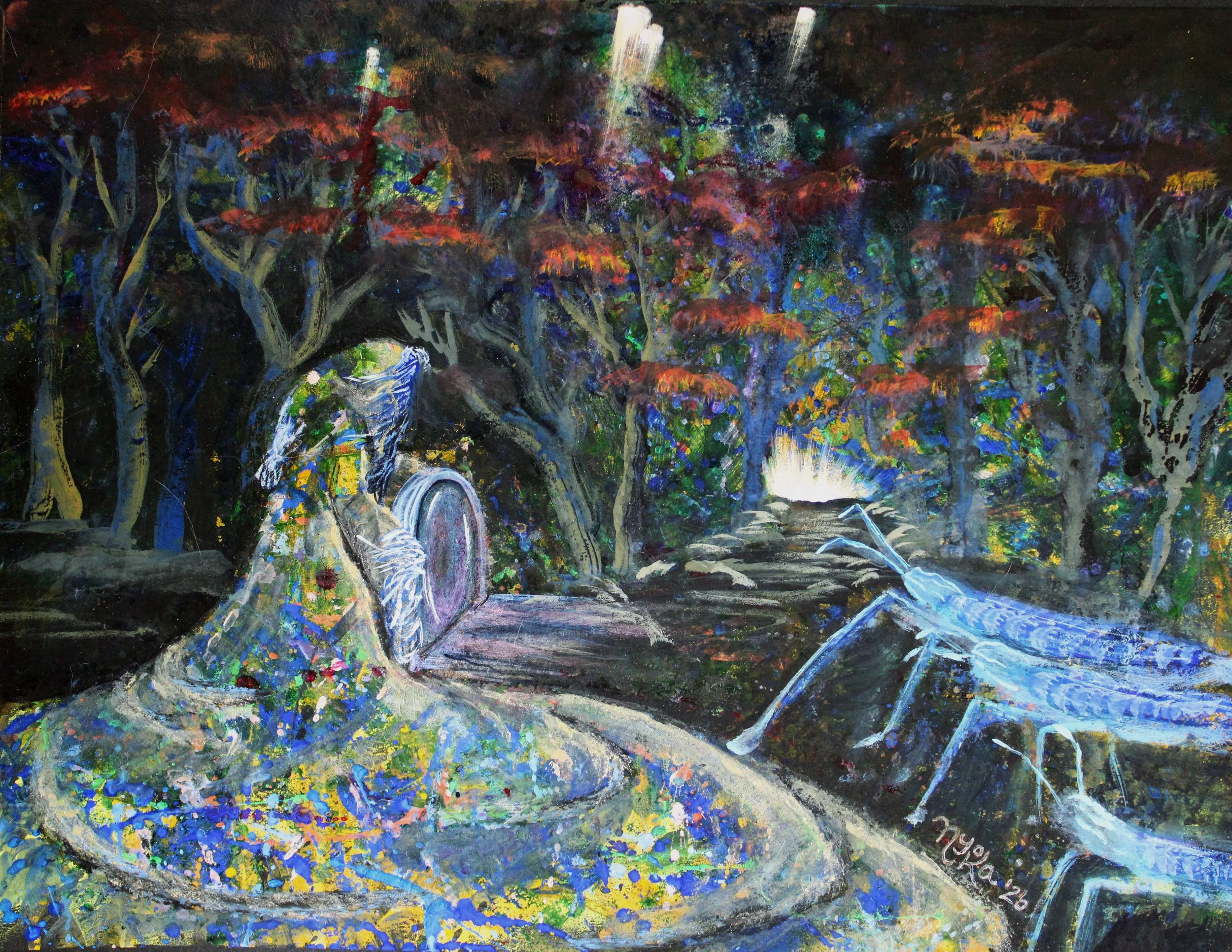 threshold guardian (2026). mixed media on paper. 11 x 14 inches.