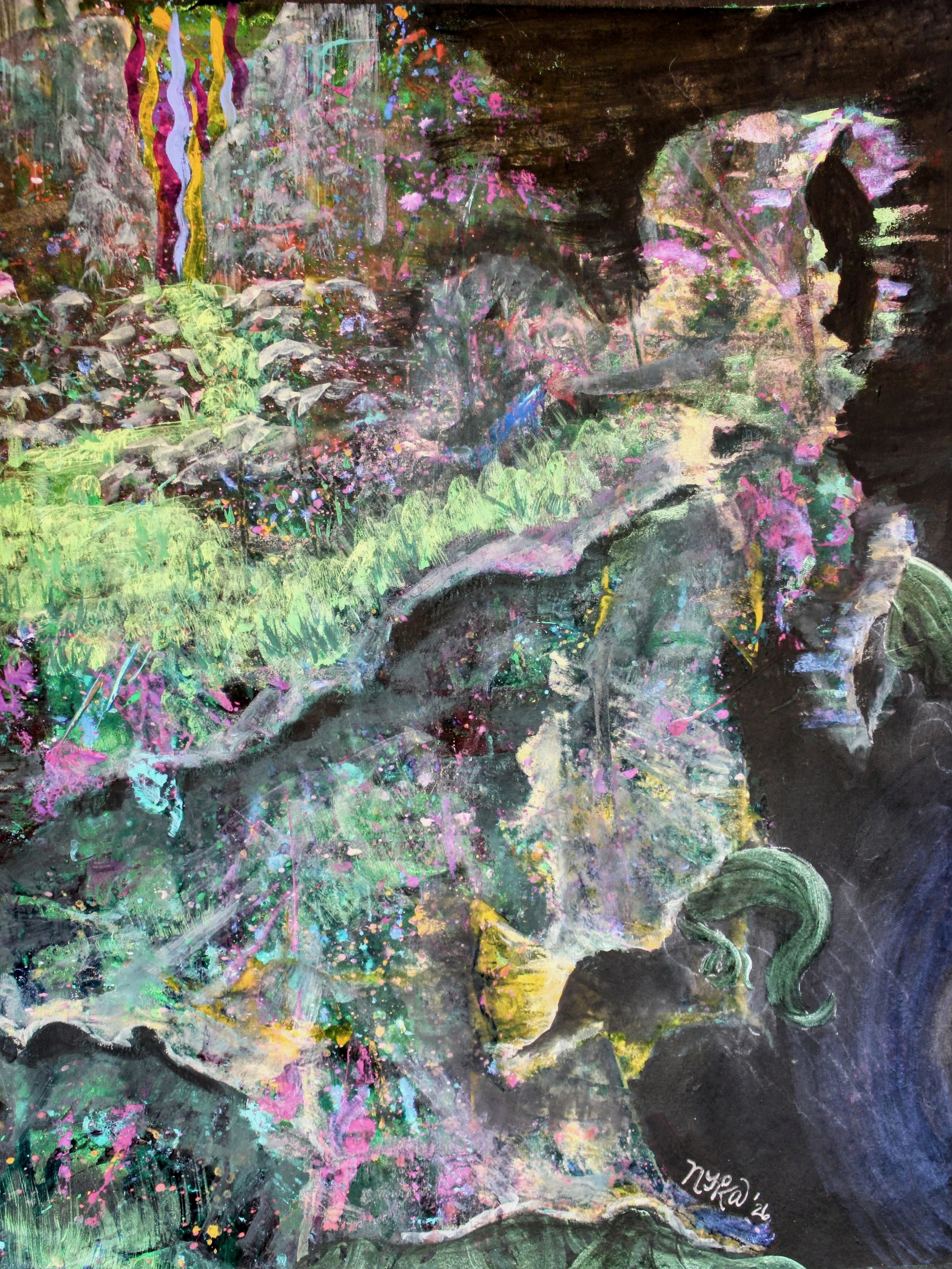 verdant pilgrim (2026). mixed media on paper. 11 x 14 inches.