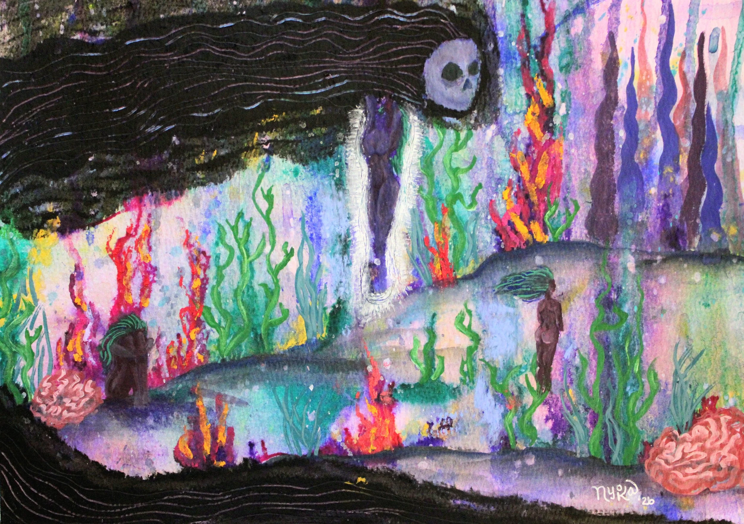 flaming depths (2026). mixed media on paper. 9 x 12 inches.