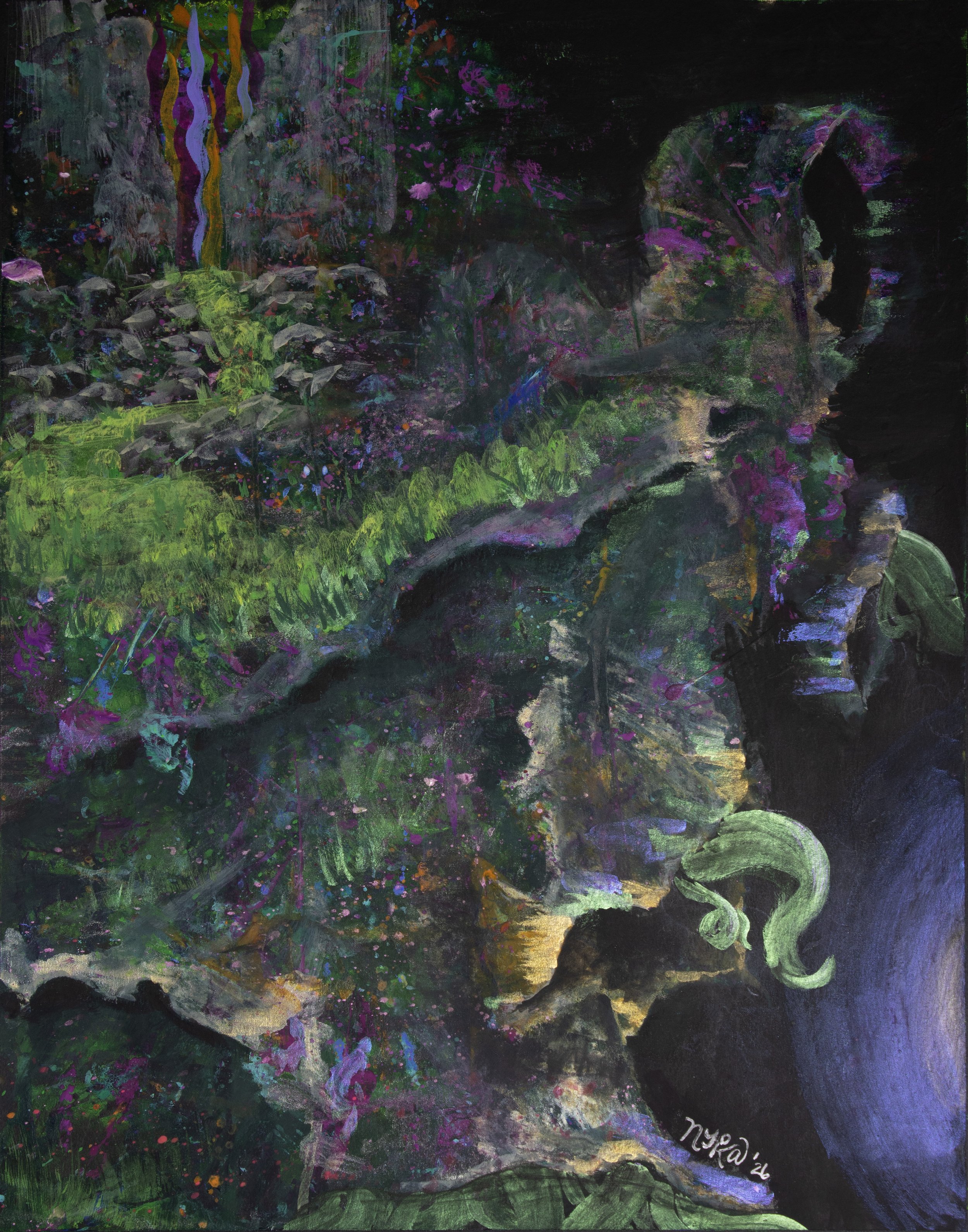 verdant pilgrim (2026). mixed media on paper. 11 x 14 inches.
