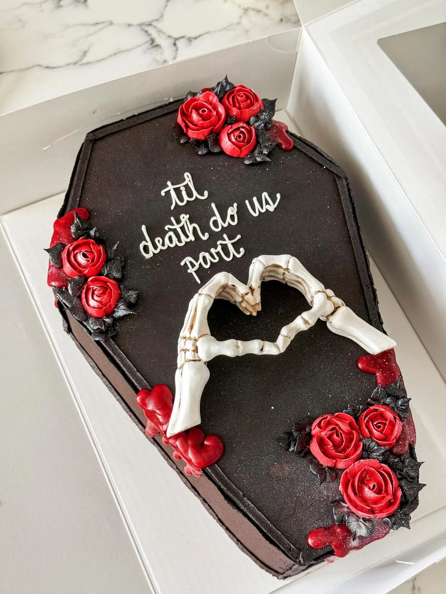 wedding cake x halloween 🥀

this was a fun one! Halloween is my favorite holiday &mdash; I love spooky, moody &amp; unique themes. 

wedding cake / halloween cake / til death / moody / black cake / buttercream cake / cake inspo / cake baker / sacram