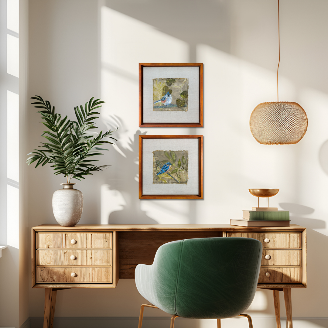 A close-up of a biophilic art piece featuring delicate bird paintings with soft, earthy tones, evoking a sense of peace and connection to the natural world.