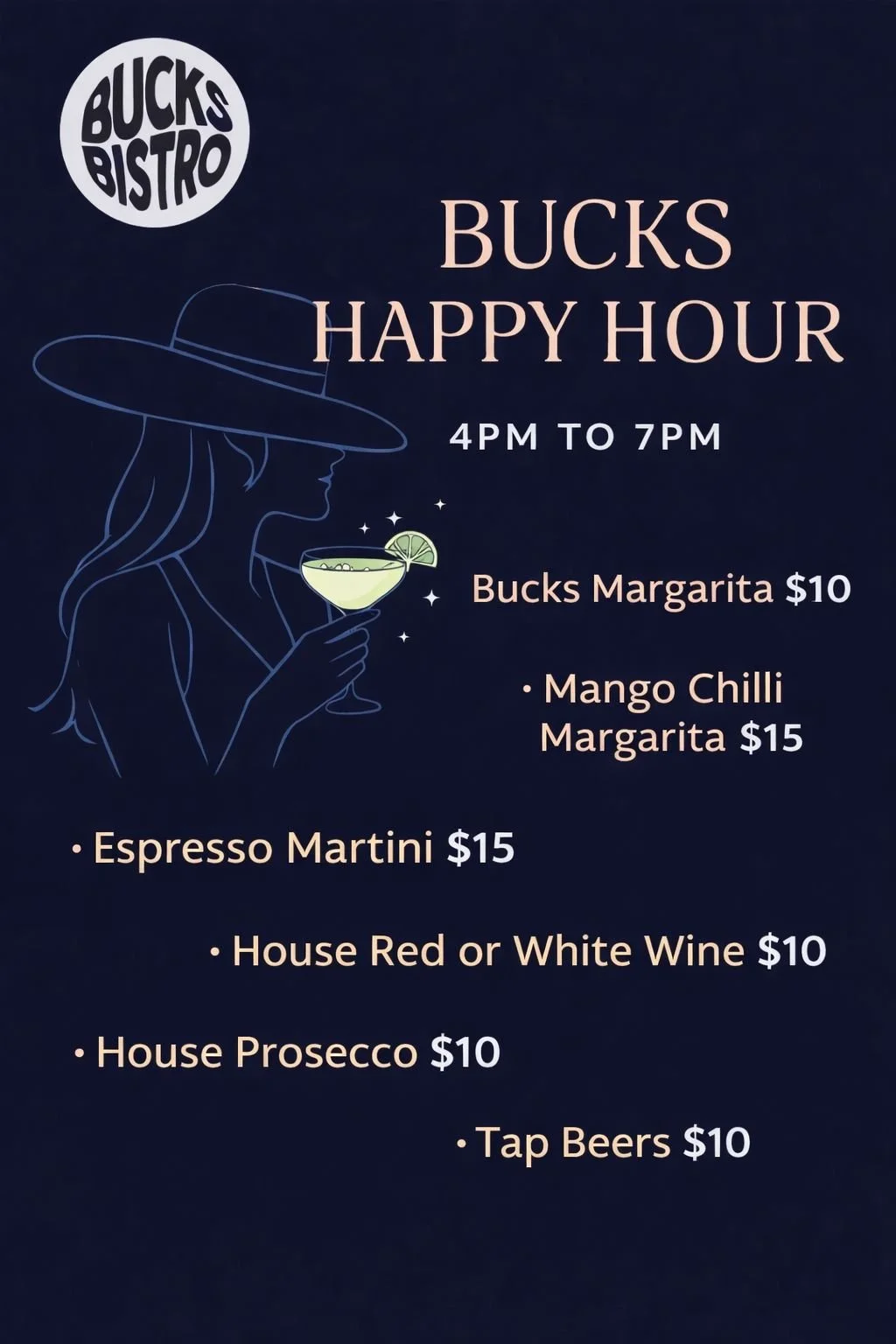 A bright orange flyer promoting a happy hour event from 4 PM to 6 PM, featuring a central smiling face graphic surrounded by words like 'cocktails,' 'wines,' 'beers,' and 'cocktails,' with the phrases 'happy hours' at the top and bottom in large purple letters.