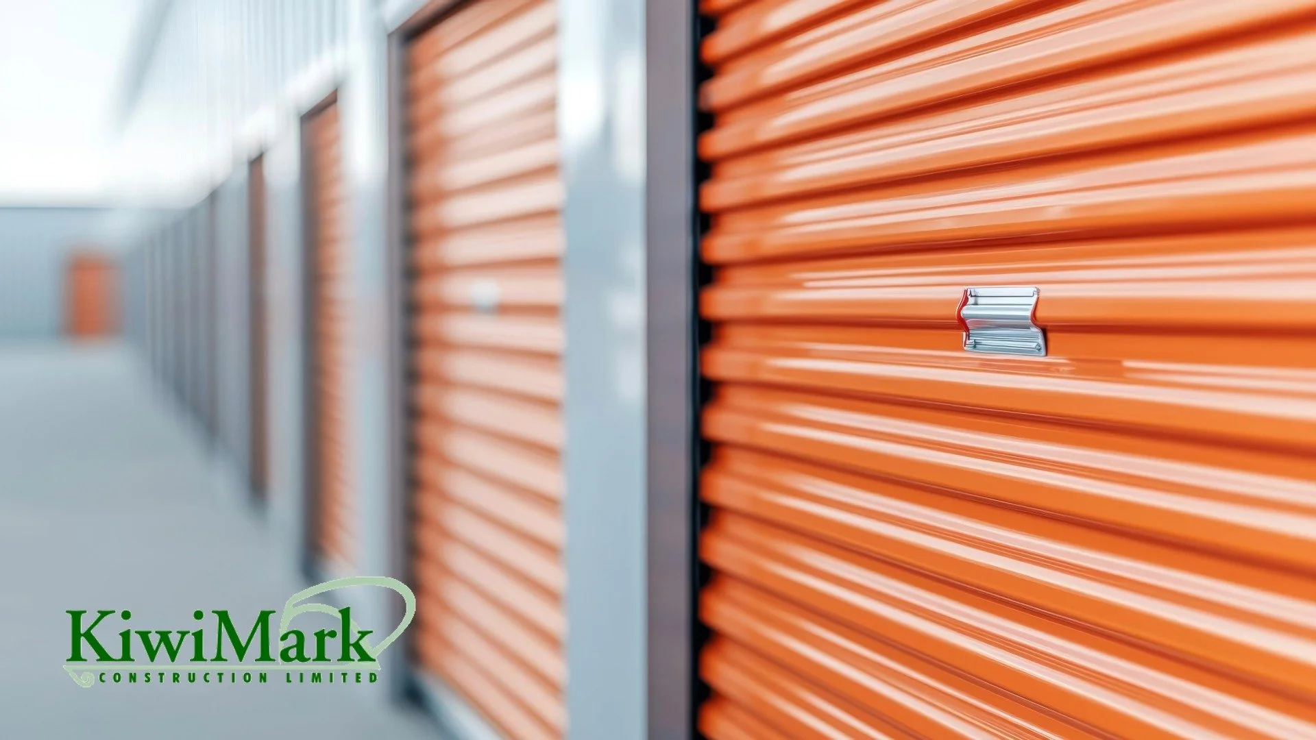 Close up of an orange storage unit roller door with KiwiMark Construction logo