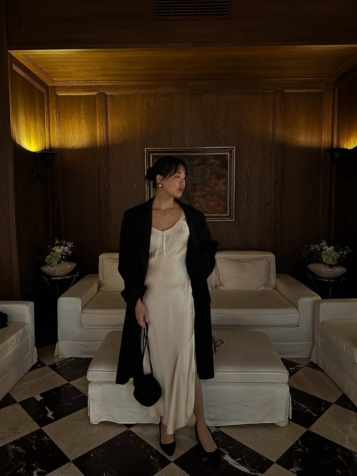 Something new &amp; something borrowed 

Dress: vintage (from my mom) 

Coat: @lemaire (from the men&rsquo;s collection) 

Bag: @aallssig (holds more than you think!)
