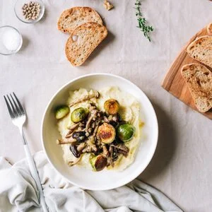 Mashed potatoes with garlic mushrooms &amp; brussel sprouts. 