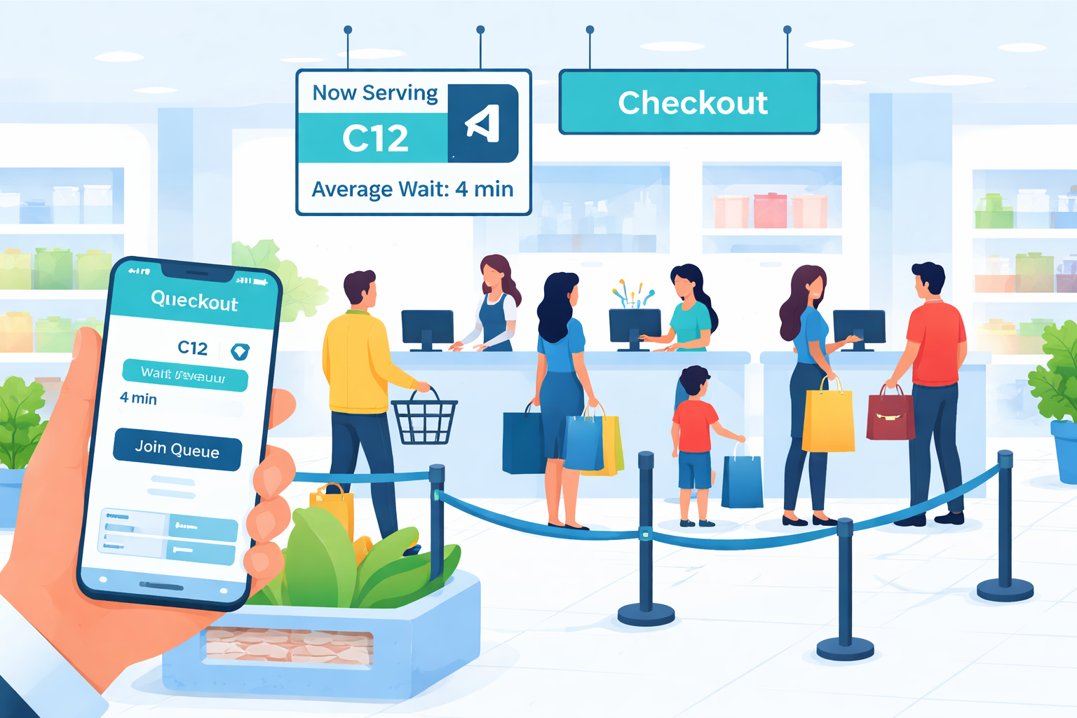 Flat 2D illustration of customers waiting in a retail checkout queue while a digital queue management system and virtual queue app reduce checkout wait times in a store