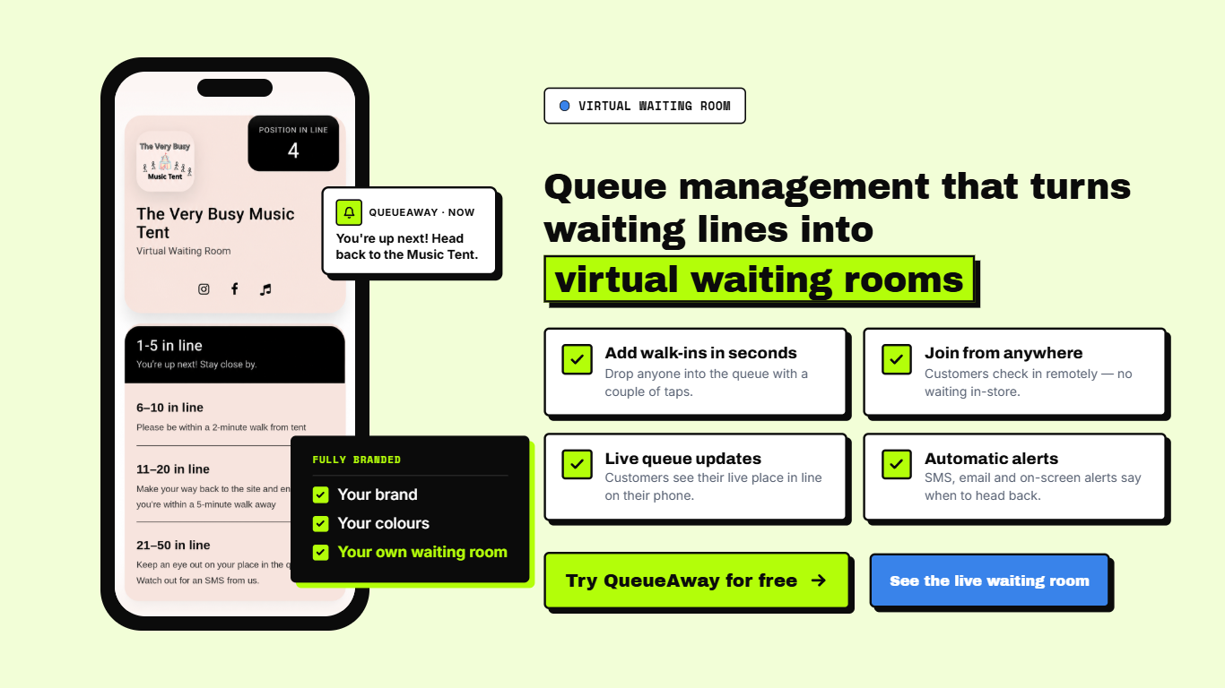QueueAway virtual waiting room app showing live queue position and automatic SMS alert on a customer's phone