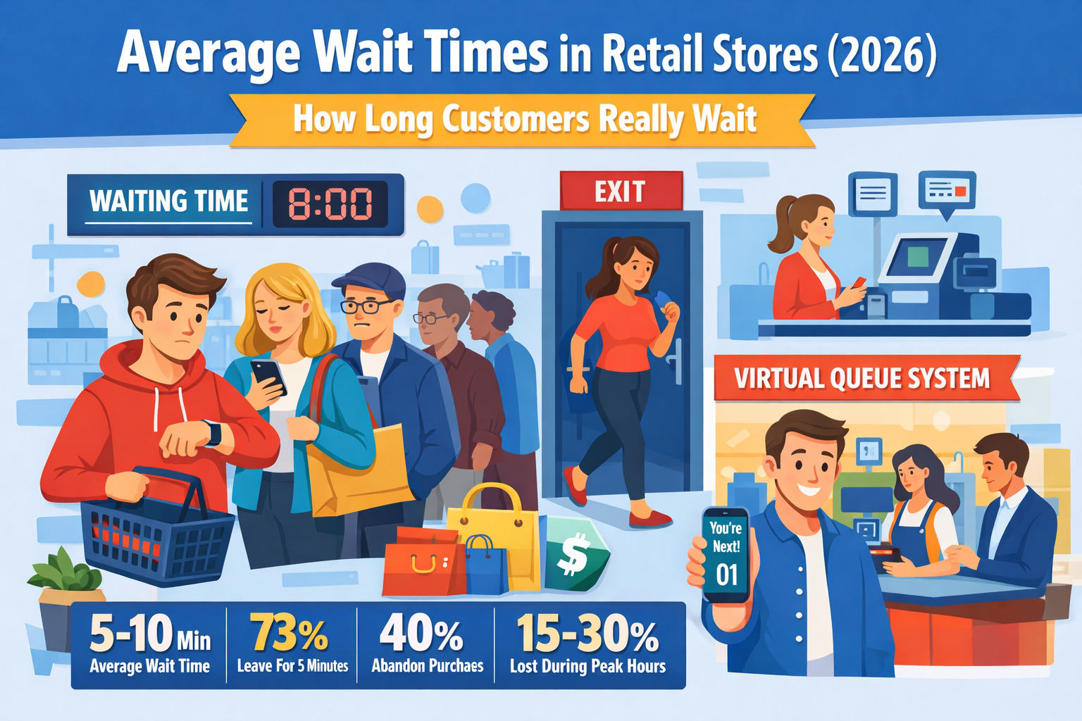 average wait times in retail stores queue management system illustration
