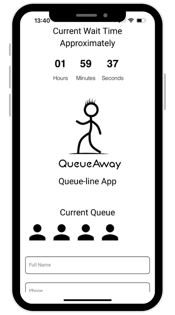 QueueAway app interface on smartphone screen showing current wait time, stick figure logo, queue icon, and input fields for name and phone number. Showing queue management system in use.