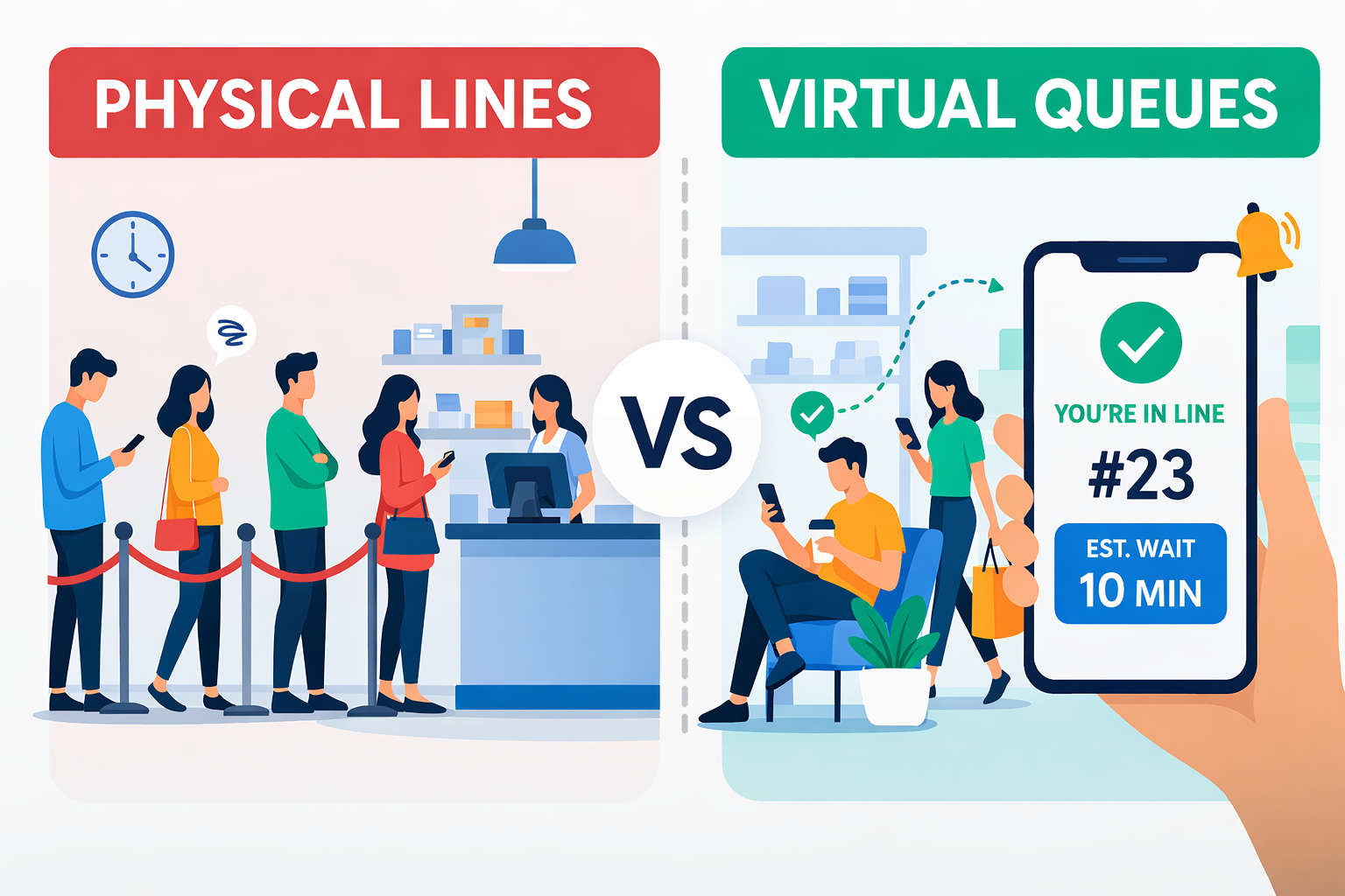 Virtual queue vs physical line comparison showing customers using a queue management system app instead of standing in a retail queue.