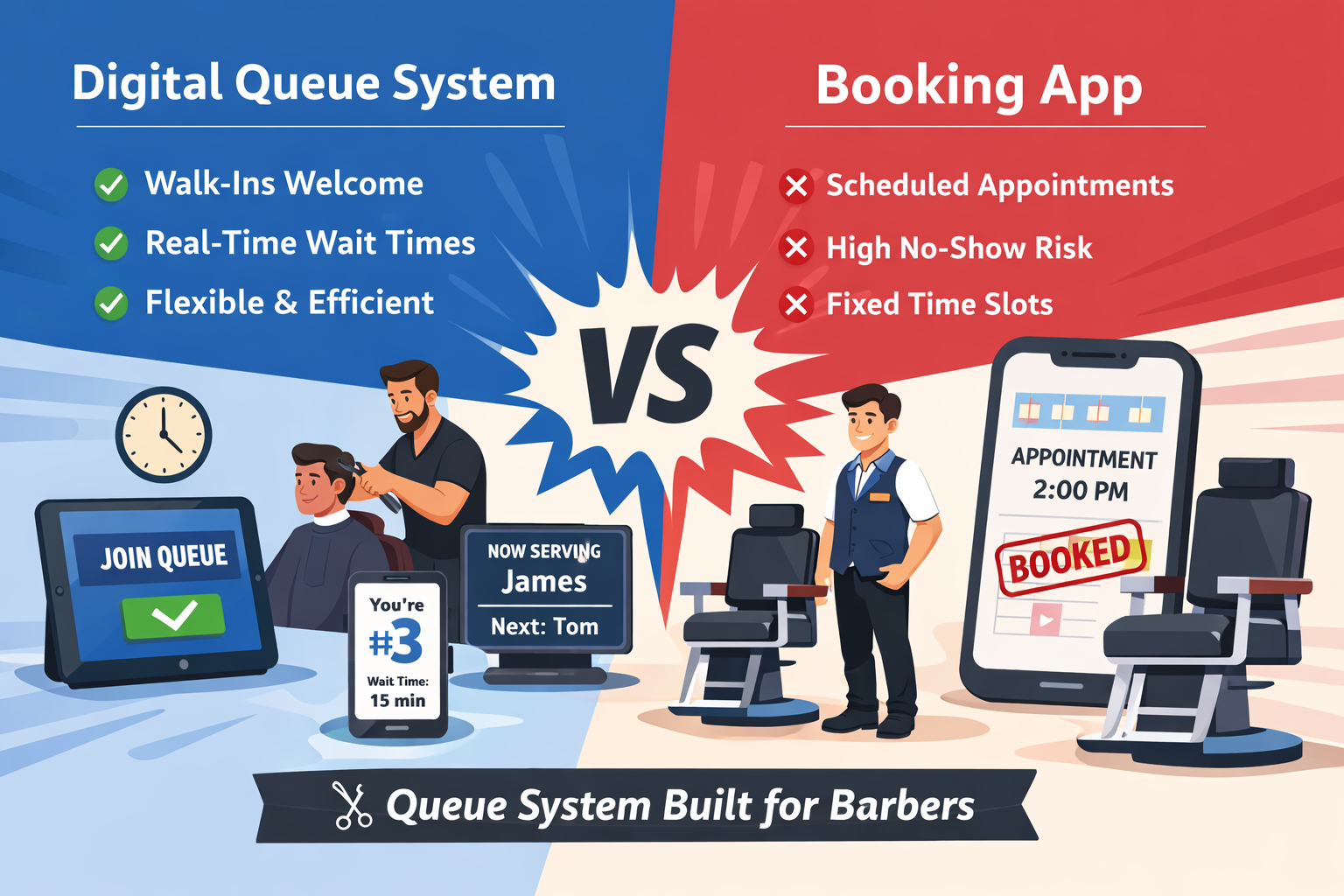 Digital Queue vs Booking Apps for Barbers | Which Queue System Works Best?