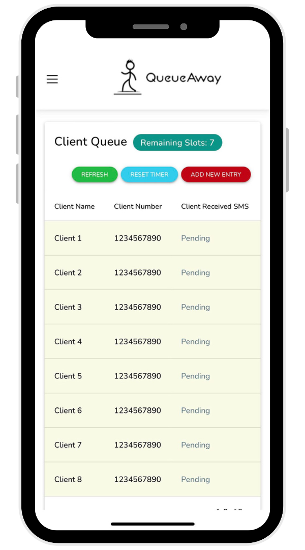 Mobile app showing a client queue with pending SMS notifications Showing queue management system in use.