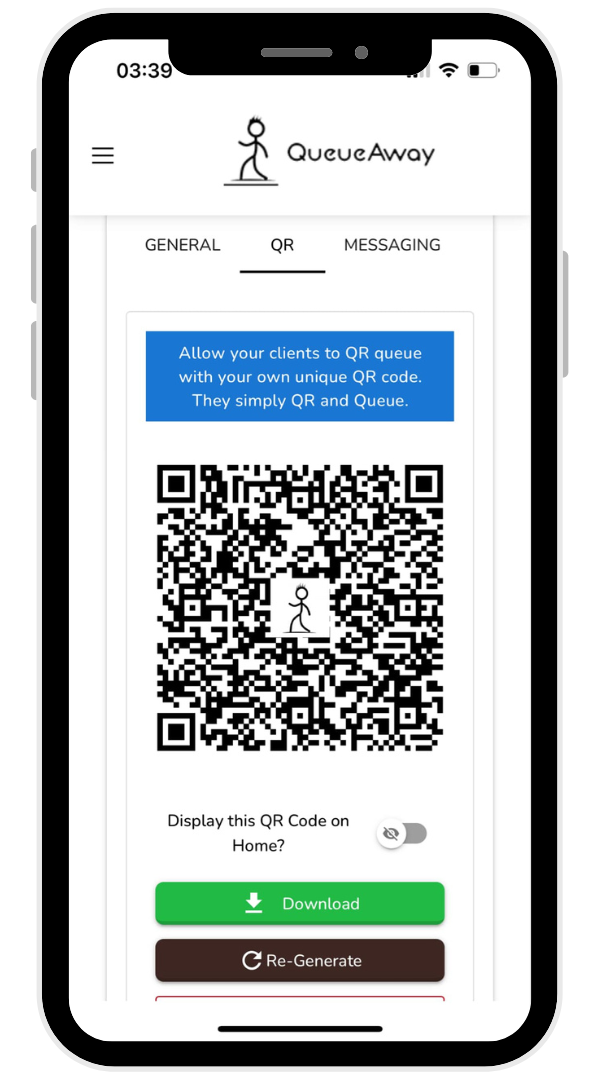 Mobile app displaying a QR code function by QueueAway, with options to download or regenerate the code. Showing queue management system in use.