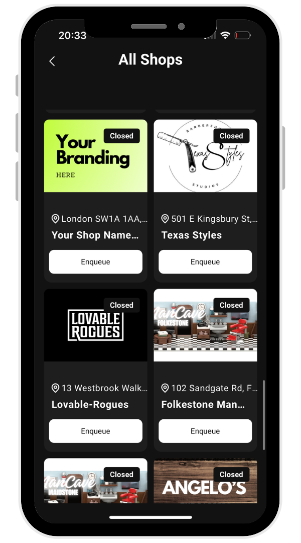 Mobile app screen displaying a list of closed shops with their names and addresses, including options for enqueuing at specific locations. Showing queue management system in use.