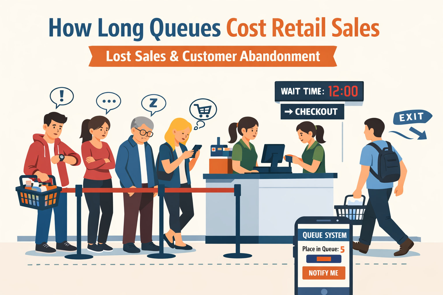 Retail checkout queue showing how long queues cost retail sales and cause customer abandonment