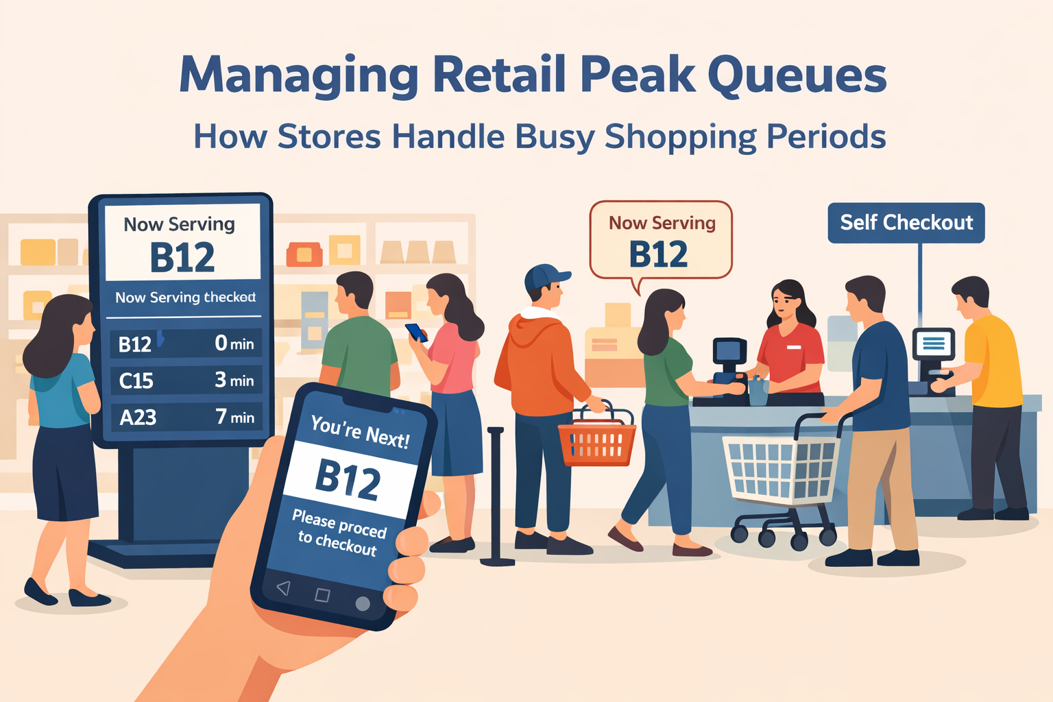Managing retail peak queues using a queue management system during busy shopping periods
