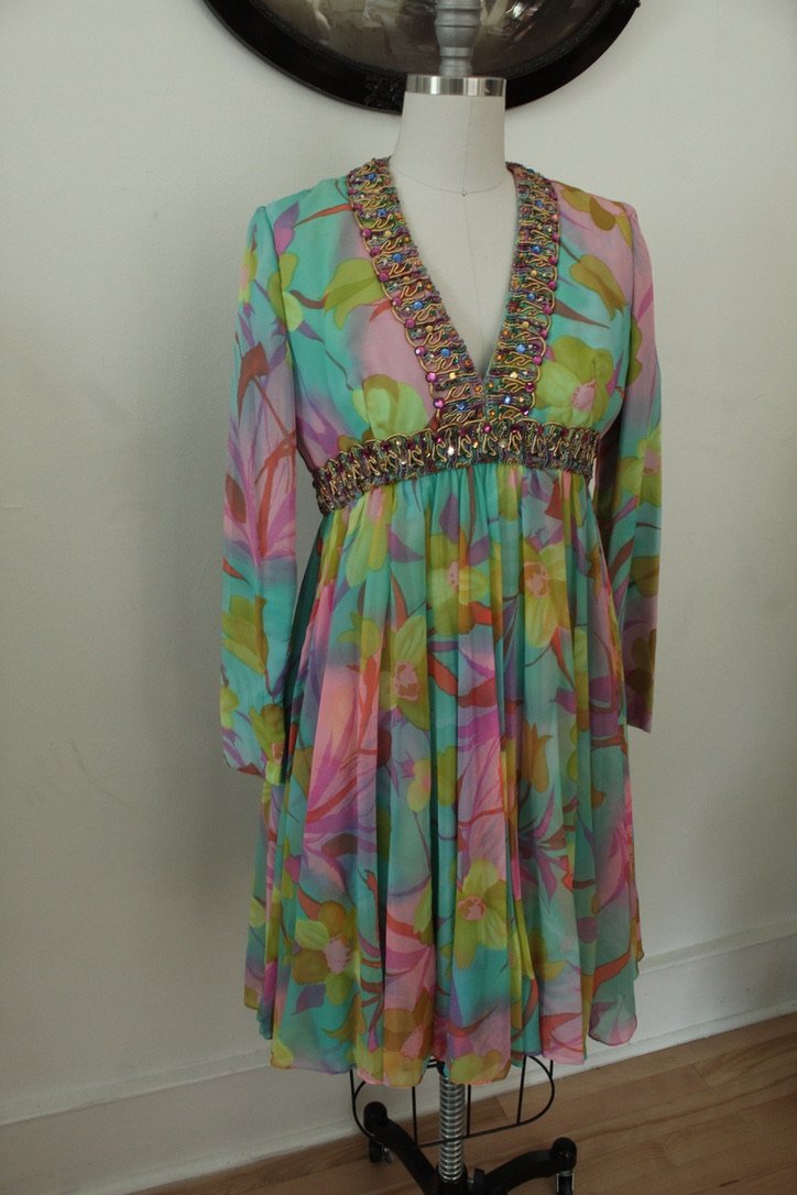 1960's Gertrude Frank Floral Chiffon Mini Dress with Rhinestone