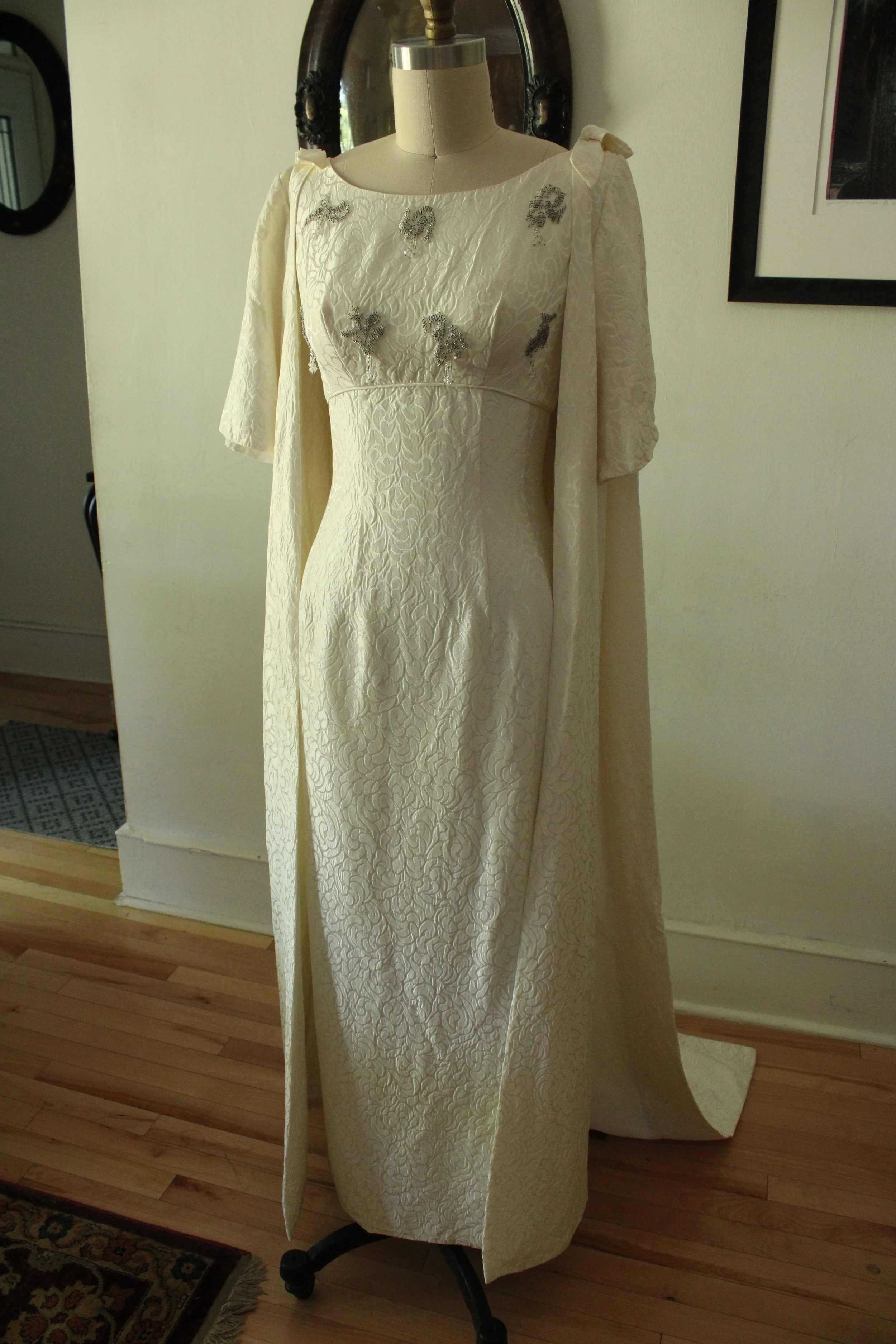 1950s Cream Brocade Two Piece Set Sheath Cut and Coat Wedding Dress