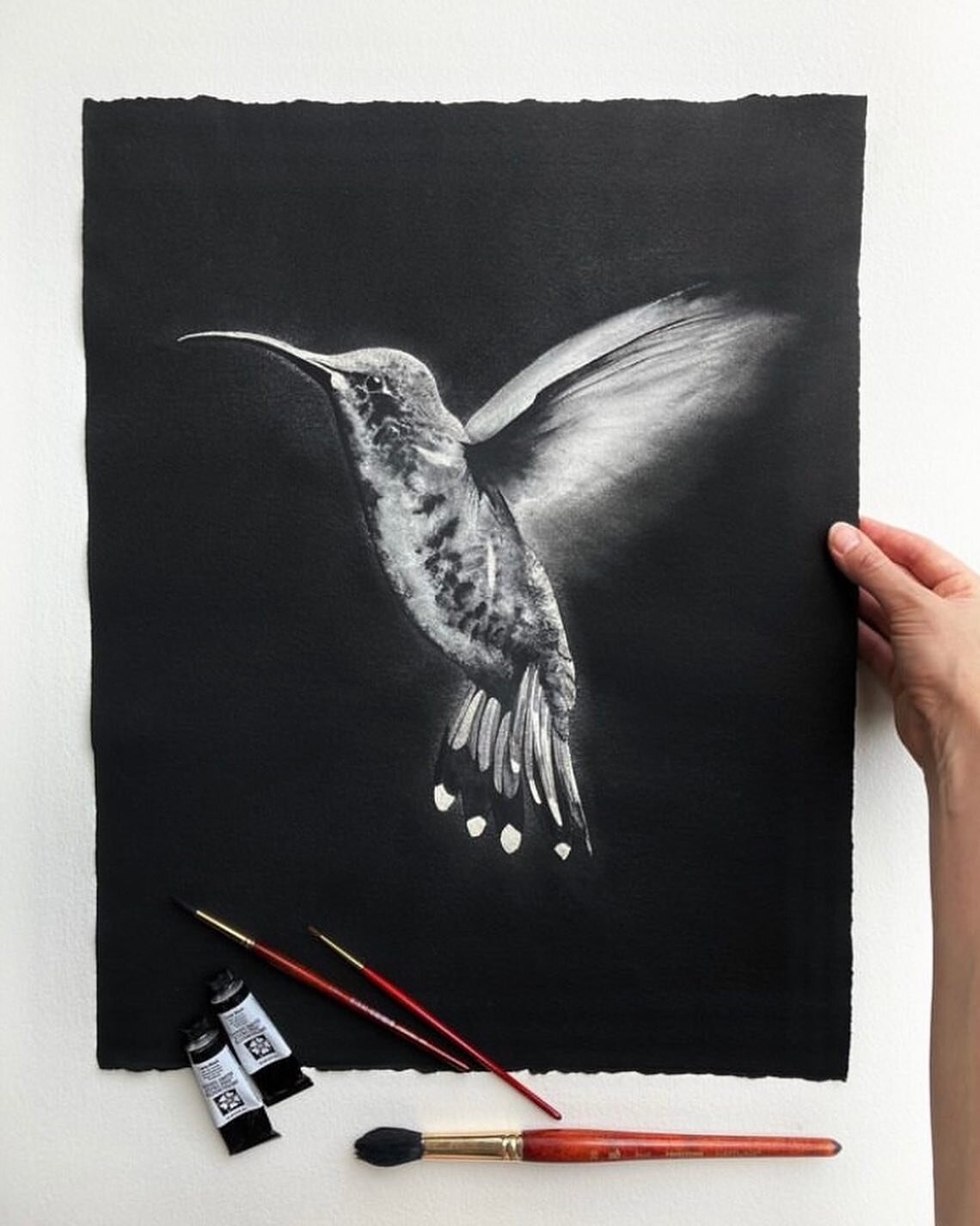 I think I broke the rules with this one. A black and white negative watercolor painting of one of the most brightly colored birds; the humble hummingbird. The idea came to me as I sighted a hummingbird in our local park and I wanted to attempt someth
