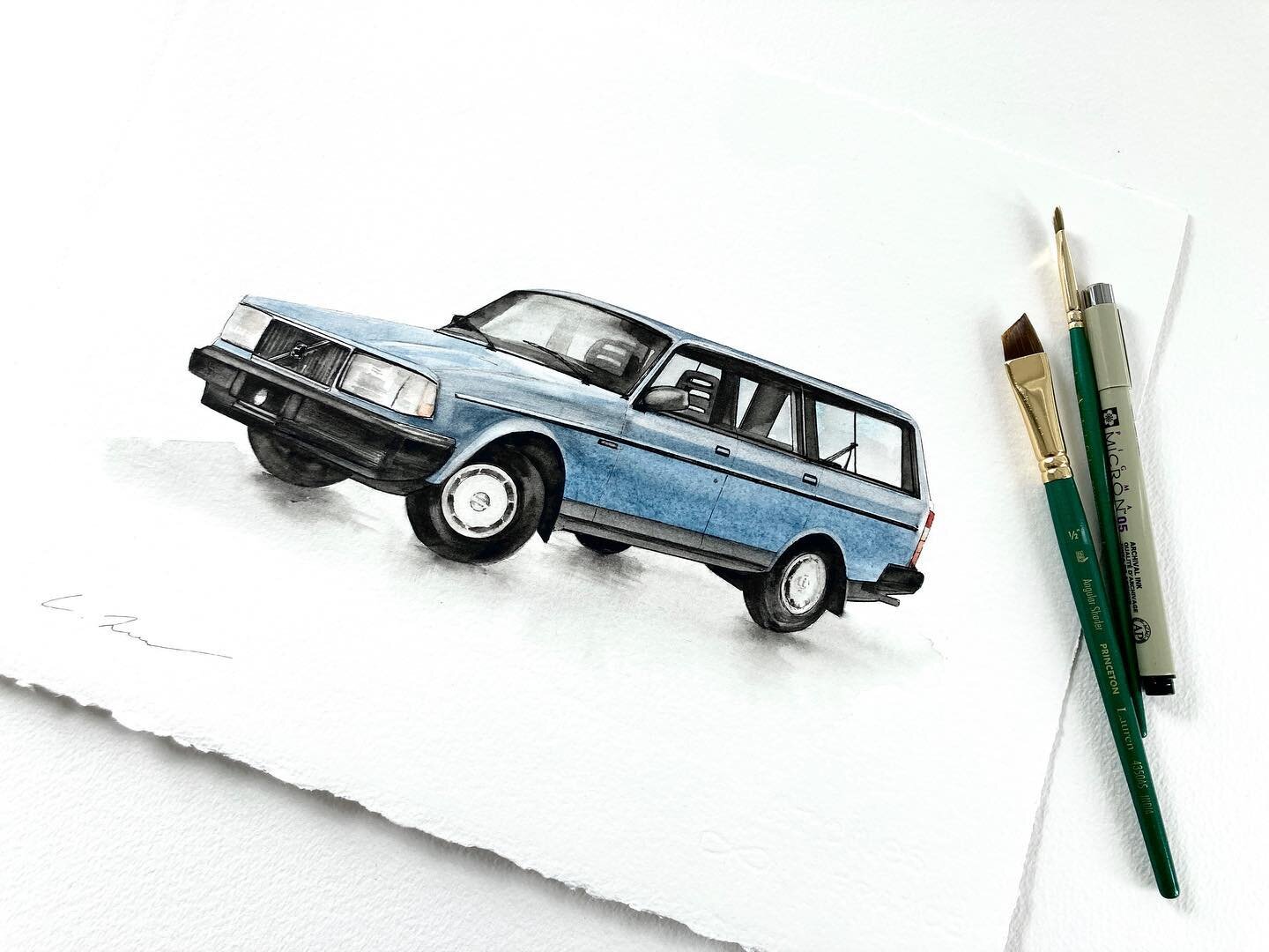 Been waiting a while to share this one but we wanted to keep it a surprise 🎉 I was commissioned to paint a Volvo Station wagon for someone&rsquo;s birthday - their favorite car from their youth! So fun! I&rsquo;m including some process pics from ske