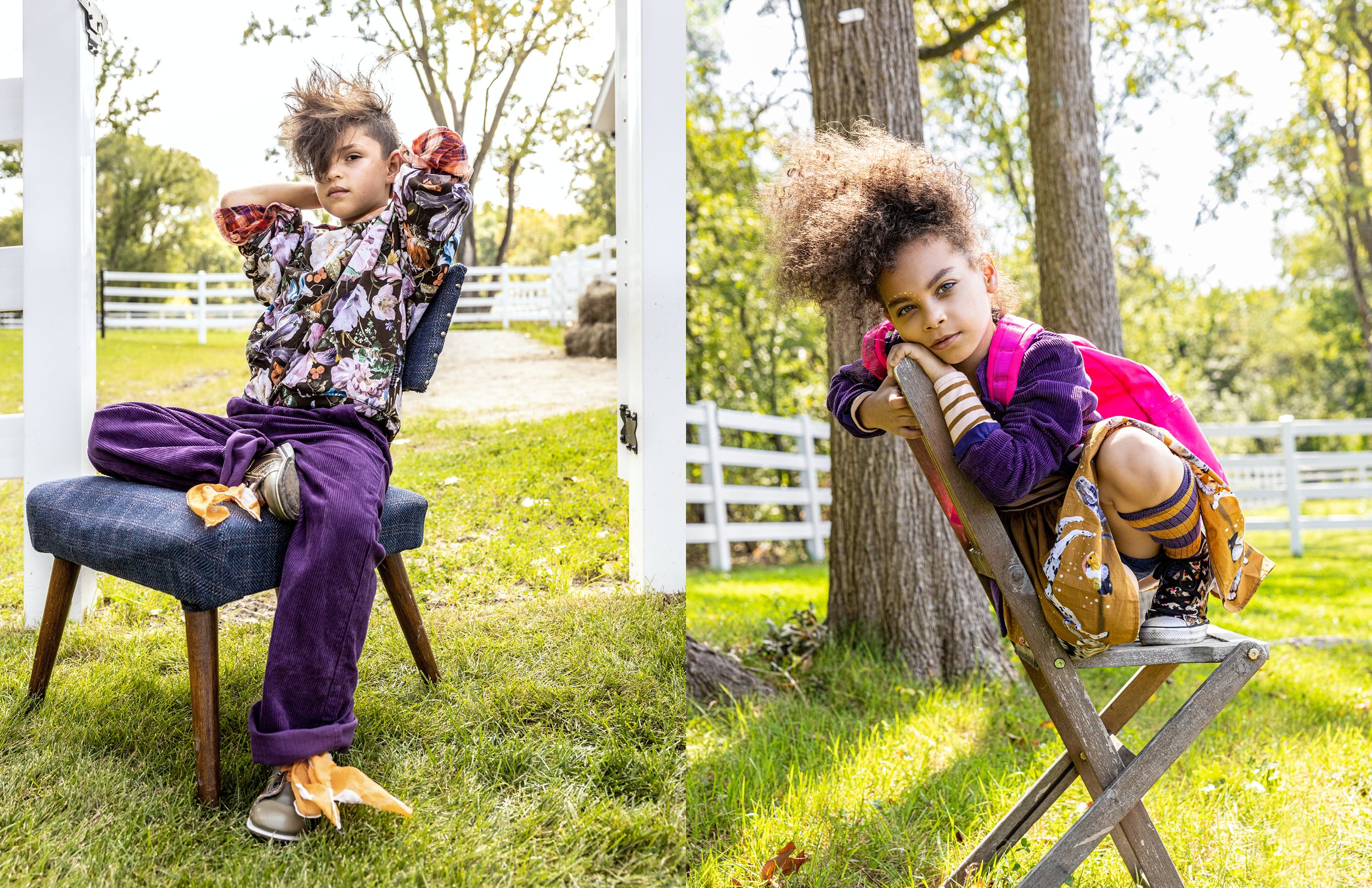 ON NOVALIE /
MOLO jacket, dress and socks /
STATE backpack /
CONVERSE sneakers
ON MILES /
MOLO pants and sweatshirt pullover /
Thrifted button down shirt from Target /
vintage bowling shoes