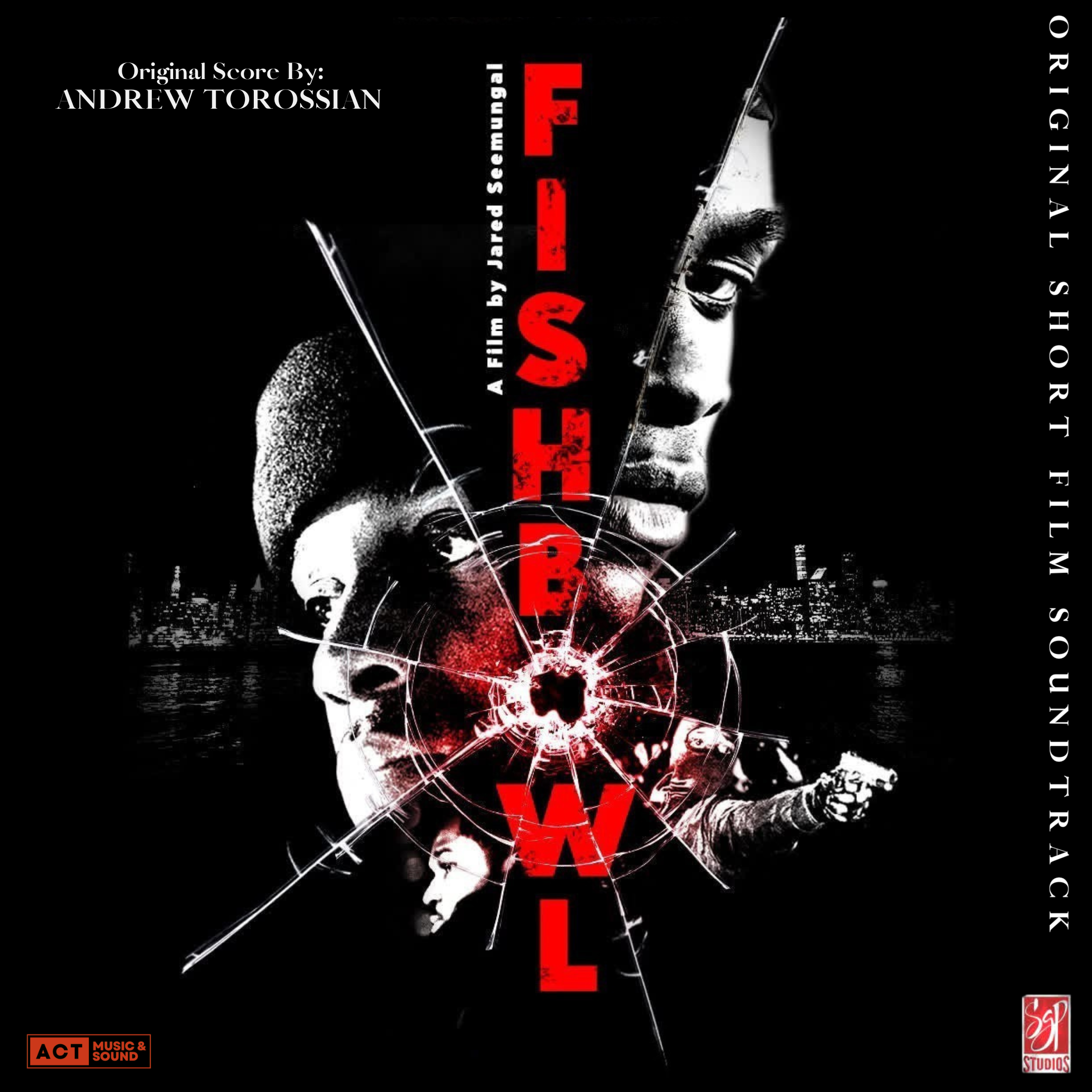 A dark, grainy image of a person in a leather jacket with their head bowed down. The text on the image reads 'FISHBOWL' in large letters, with smaller text indicating 'Original Score by Andrew Torossian' at the bottom and other credits on the right side.