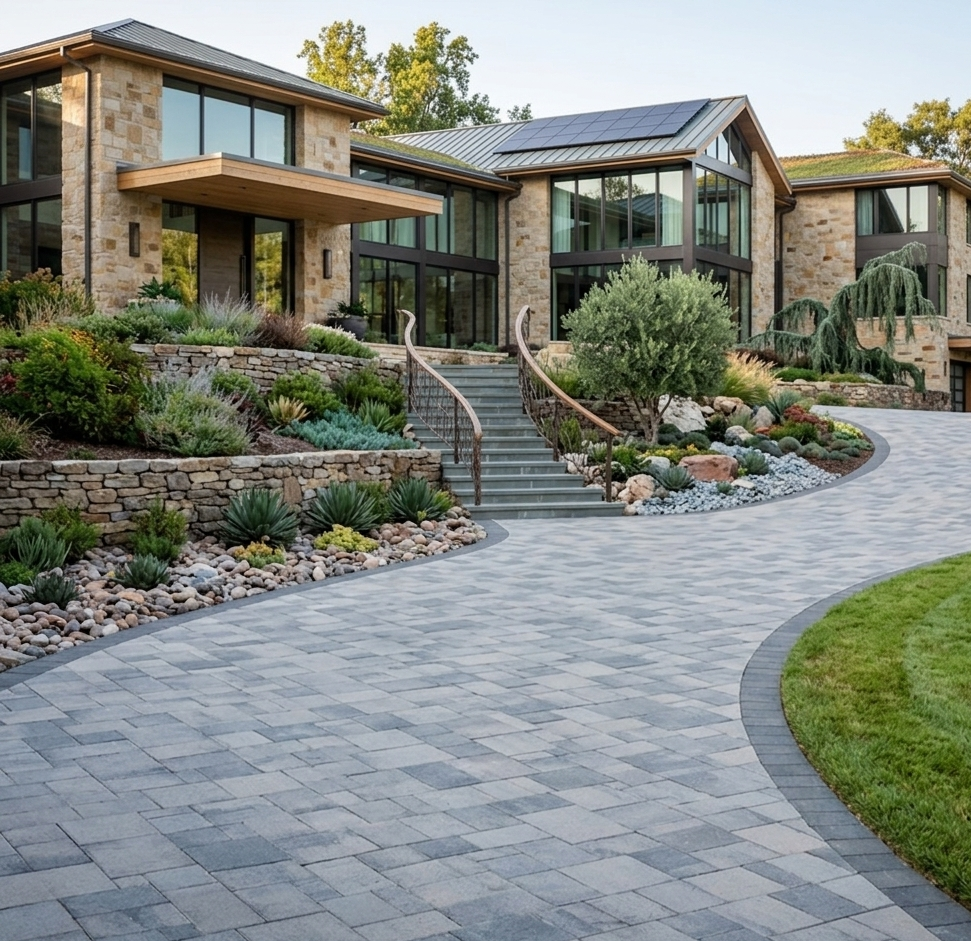 Modern house with large windows, stone exterior, and solar panels on the roof, surrounded by landscaped garden with stairs, plants, and a paved walkway.