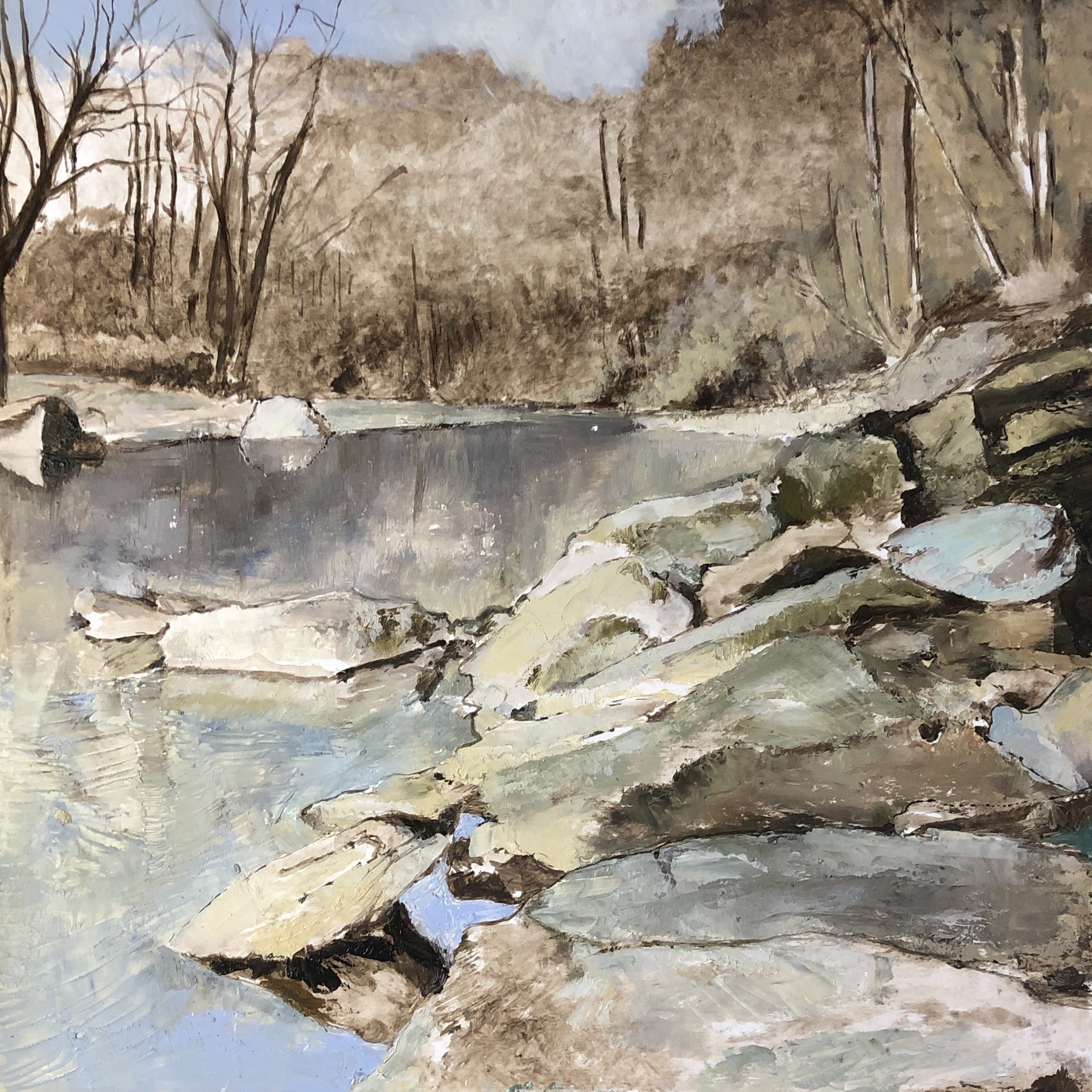 SOLD: Wissahickon Creek near Rex Avenue Bridge, winter (12x12” on art board)