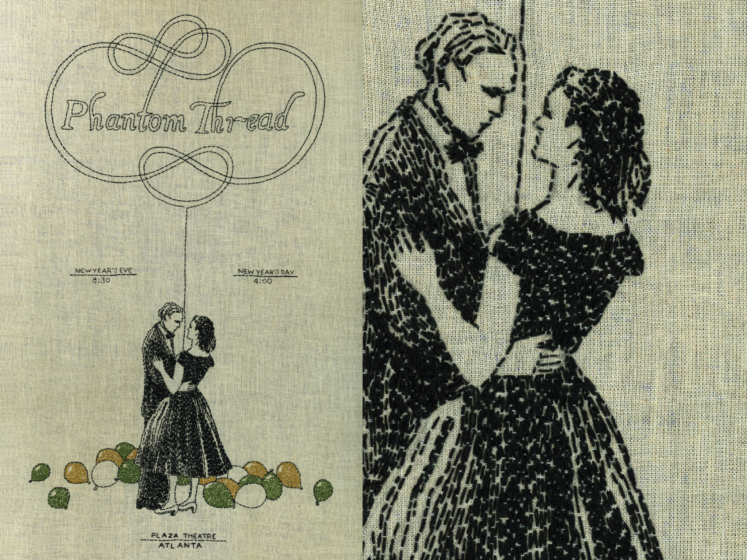 This artwork was hand-stitched to commemorate a New Years screening of Phantom Thread at the Plaza Theatre Atlanta. It was rendered using topstitching thread on dressmakers' muslin. 
