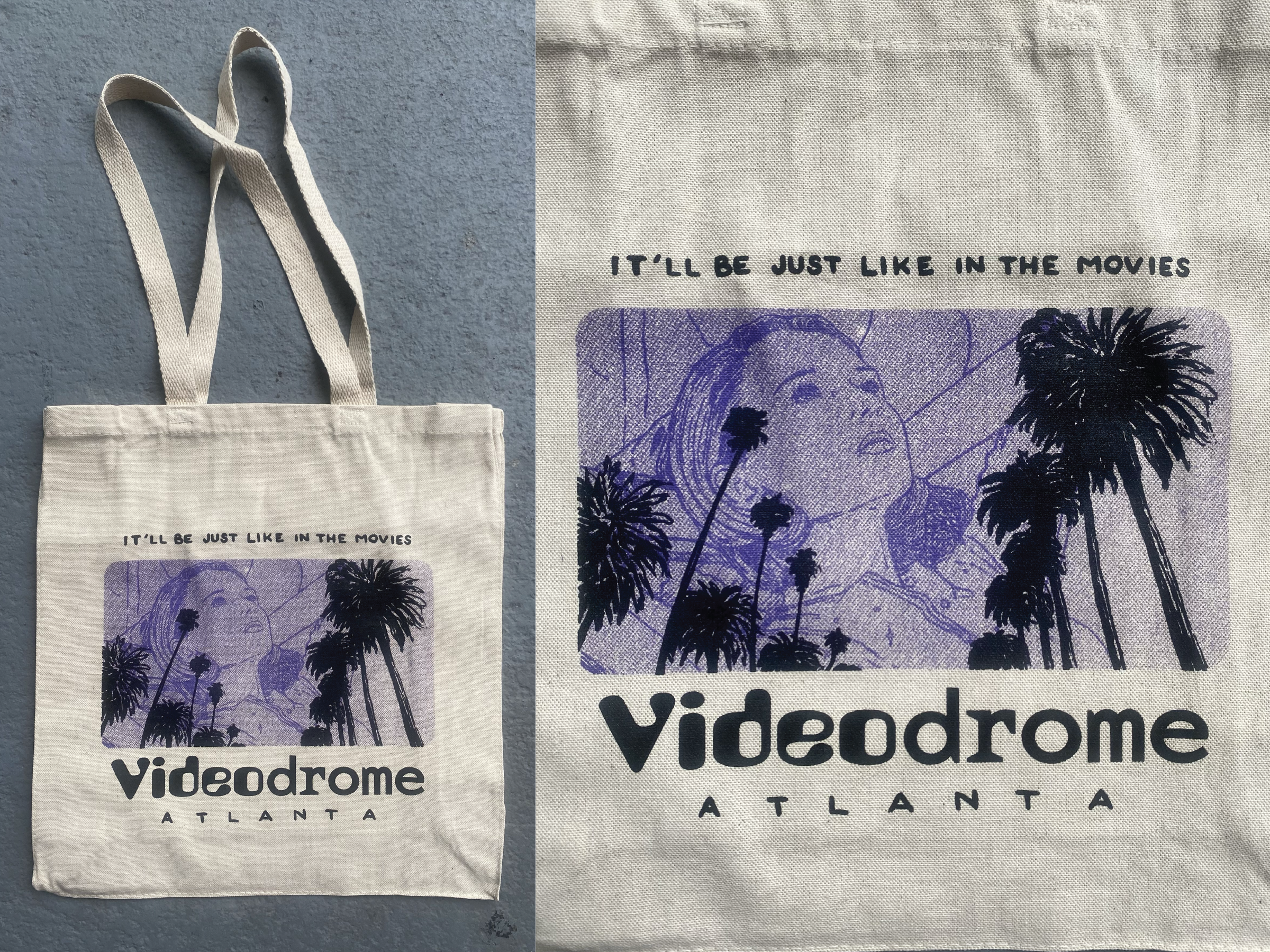 This tote bag designed for Videodrome Atlanta features the iconic cross dissolve from David Lynch's Mullholand Drive.