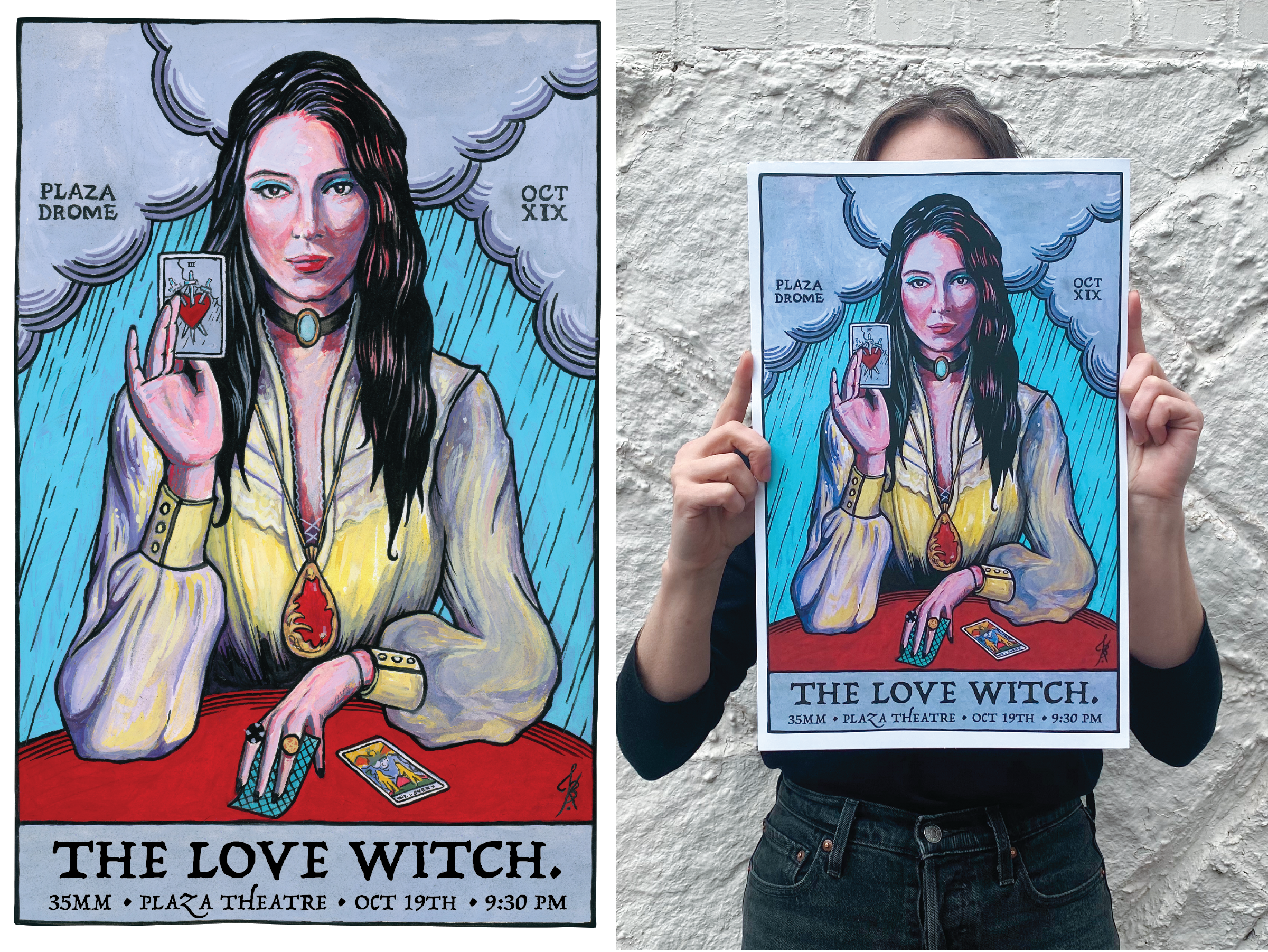 This poster print commemorated a special 35 mm screening of Anna Biller’s The Love Witch for Plazadrome, a collaboration between Videodrome and the Plaza Theatre. The gouache on paper artwork took influence from the Raider-Waite tarot and technicolor
