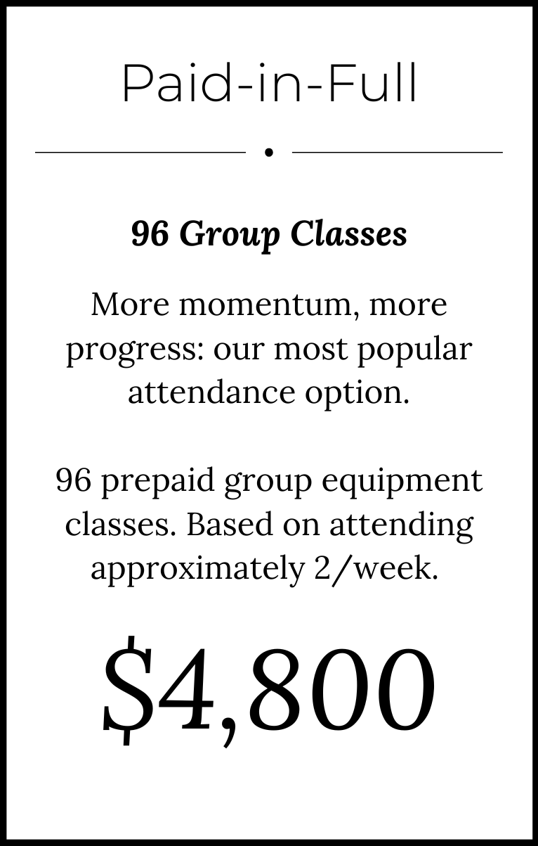 Advertisement for paid group classes offering 96 sessions for $4,800, emphasizing momentum, progress, and attendance, with a note on equipment classes meeting twice a week.