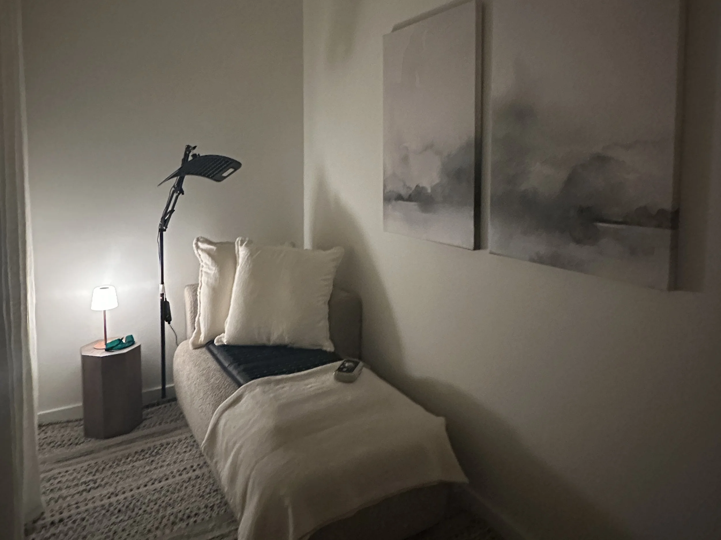 A cozy recovery room with a beige couch, two white pillows, a small wooden side table with a lamp, a green item, a television remote, an adjustable reading lamp, and wall art depicting a cloudy seascape.