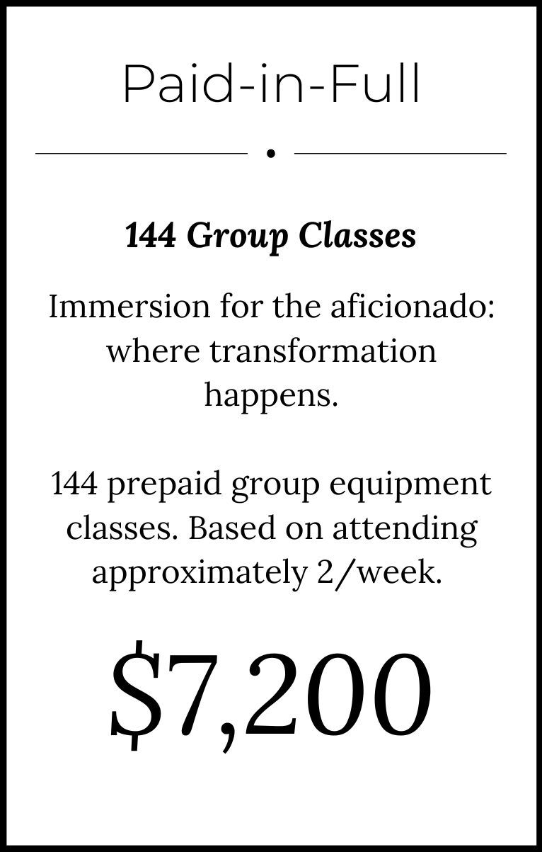 Paid-in-Full sign advertising 144 group classes for 7,200 dollars, focusing on immersive transformation experiences with pre-paid equipment classes twice a week.