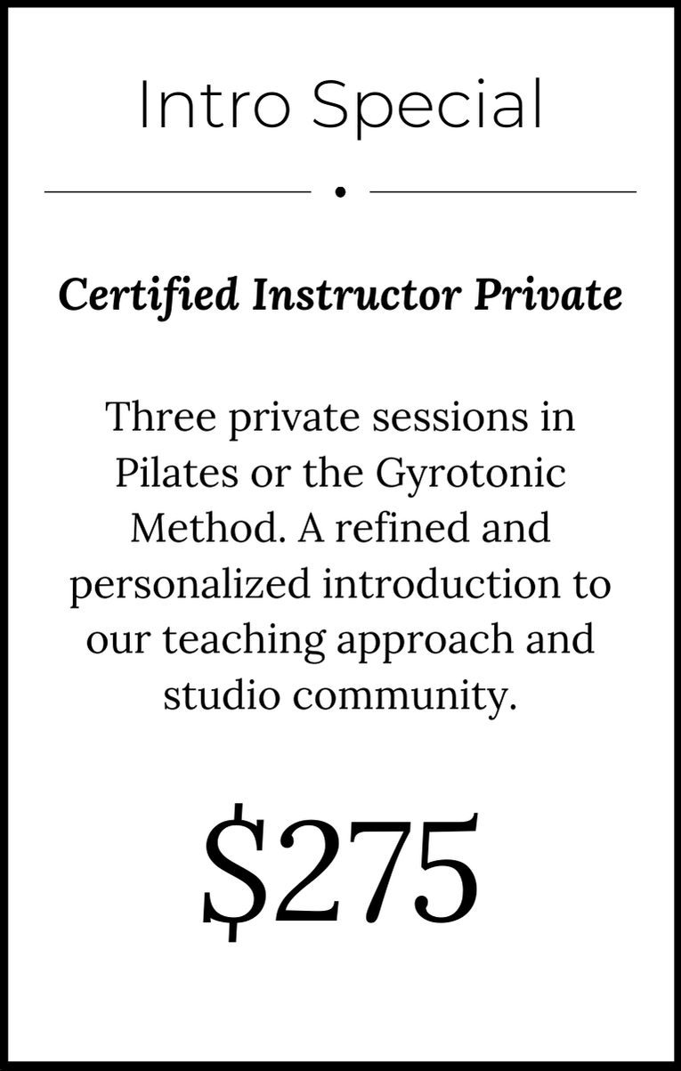 Advertisement for private Pilates or Gyrotonic sessions with a $275 price, offering three personalized sessions with a certified instructor and introductory guidance on teaching approach and studio community.
