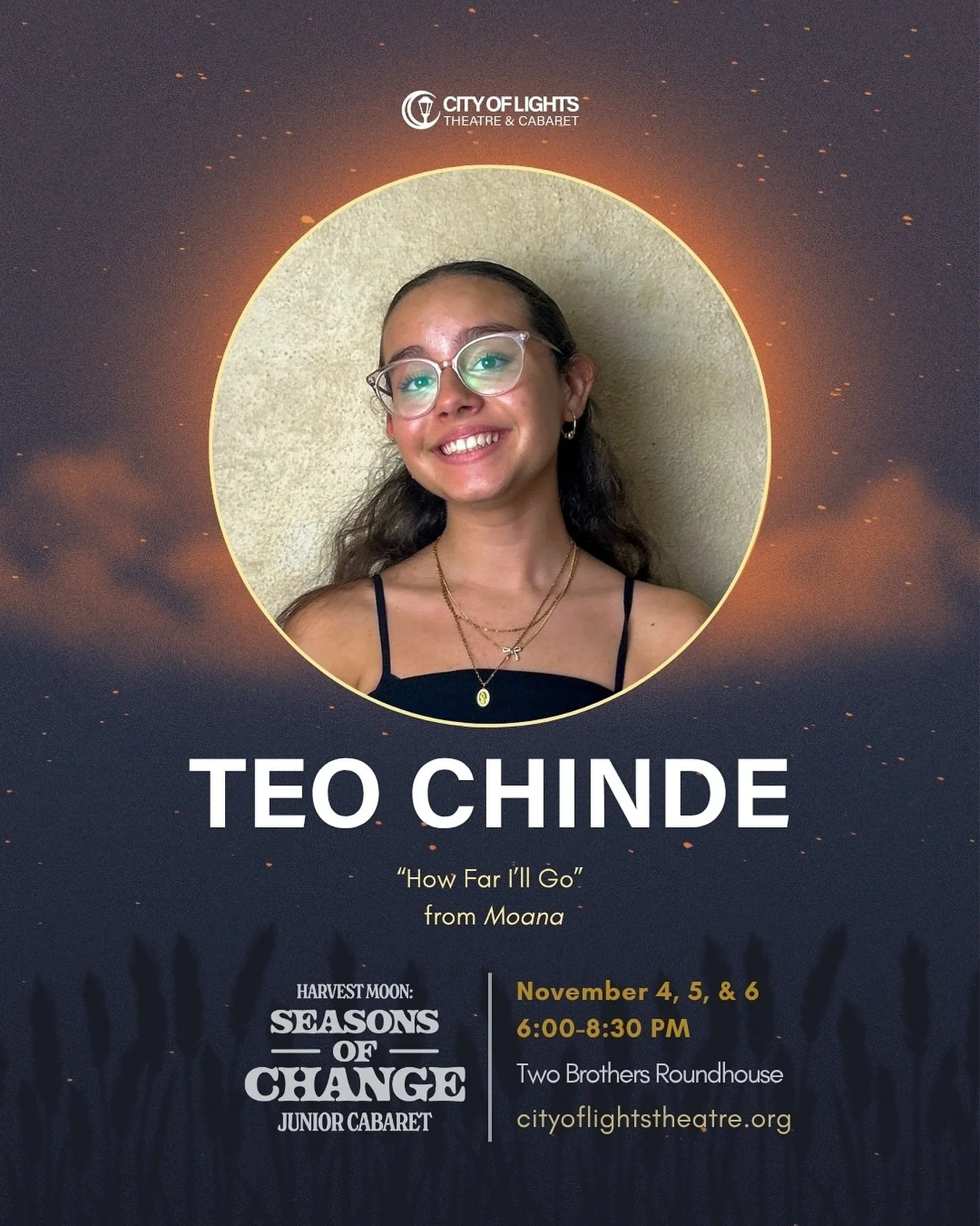 Meet Teo Chinde! She’s joining us for her second Junior cabaret with City of Lights Theatre🎭 Catch Teo performing “How Far I’ll Go” from Moana at Harvest Moon: Seasons of Change! 🌊🏝️