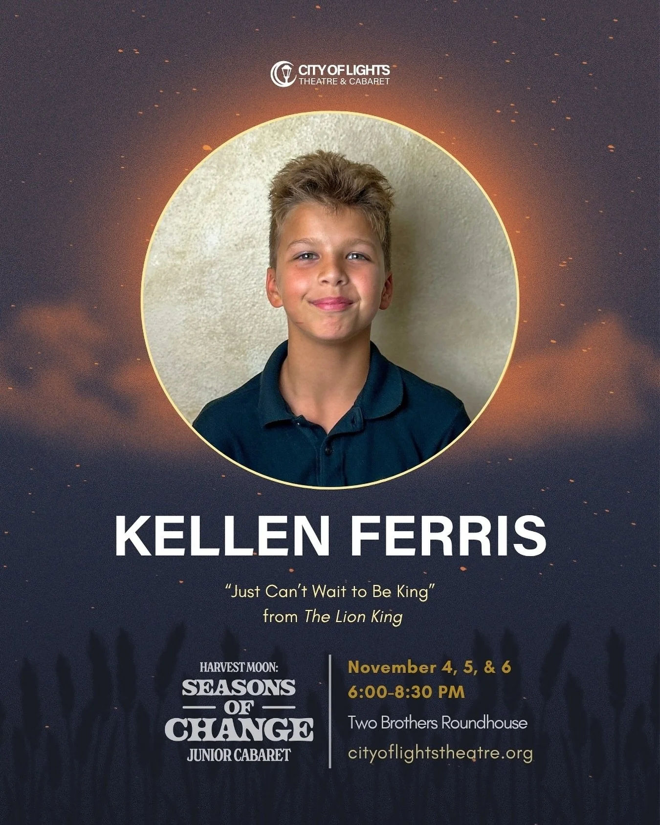 Meet Kellen Ferris! This is Kellen’s first time performing in a Junior cabaret, but you may have seen him perform with City of Lights Theatre in Pippin and Moonlight Cabaret: Dreamscapes☁️ See Kellen shine in “Just Can’t Wait to be