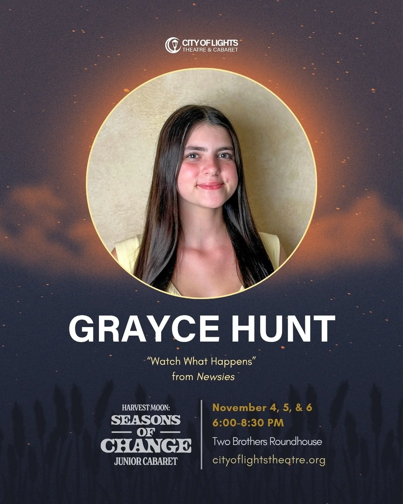 Meet Grayce Hunt! Grayce joins us for her fourth Junior cabaret production with City of Lights! Buy your tickets to see her shine in “Watch What Happens” from Newsies and other featured solos🤩 tickets available at the link in bio🎫