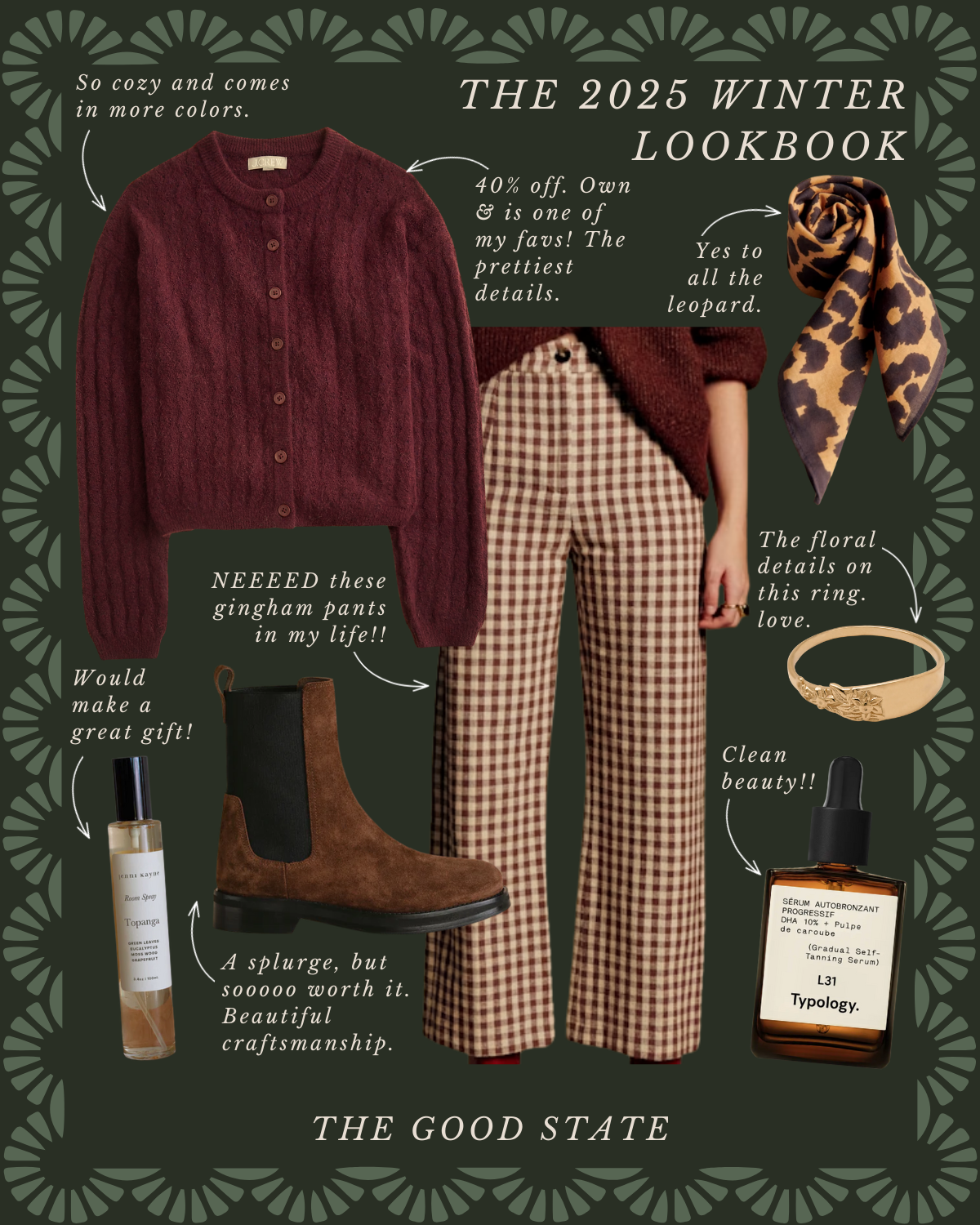 A winter lookbook featuring an outfit with a maroon cardigan, gingham pants, and leopard print scarf, surrounded by handwritten notes about each item and beauty products, all set against a dark green patterned background.