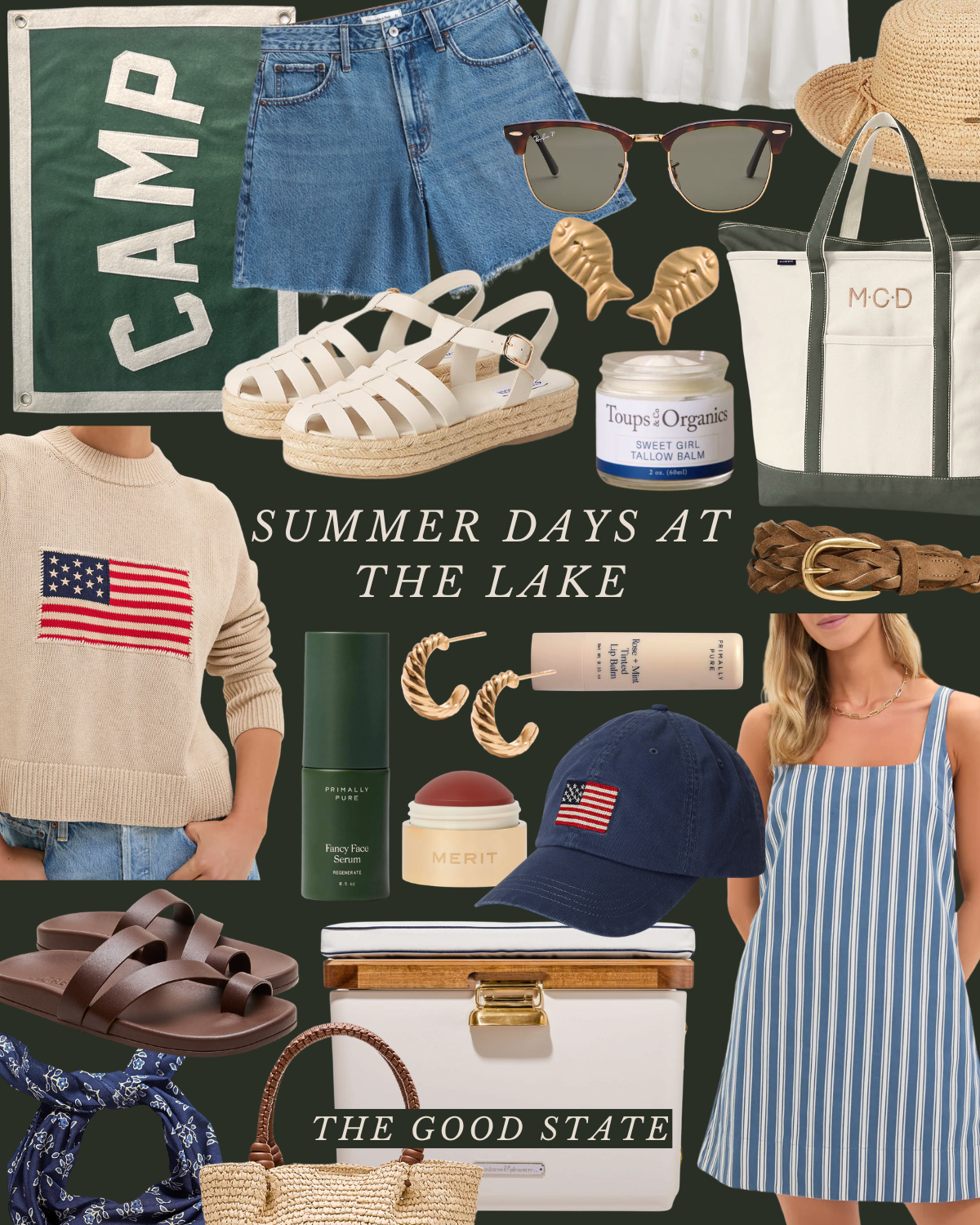 A collage of summer fashion and accessories including a pair of white sandals, sunglasses, a straw hat, a tote bag, a Cap, a sweatshirt with an American flag, a striped dress, jewelry, skincare products, and a blue denim cap, with the text "Summer Da