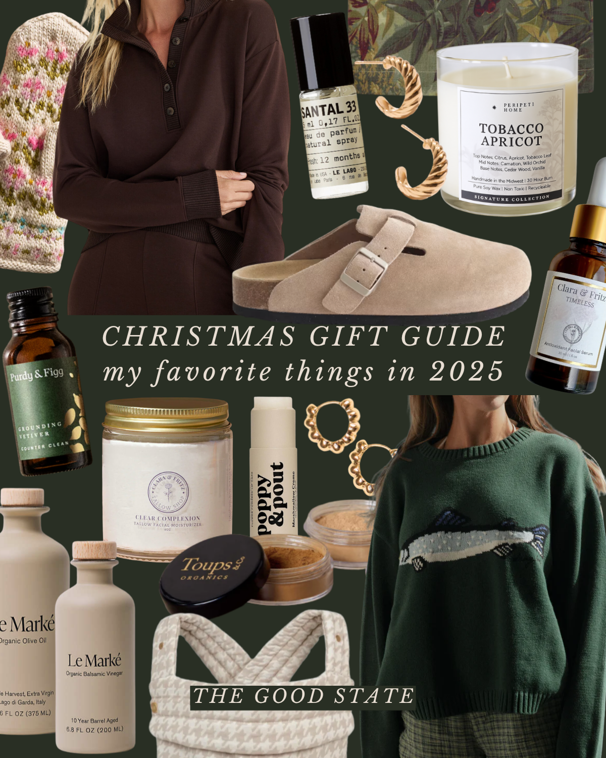 Collage of Christmas gift items including a brown sweater, a woven bag, perfume, earrings, a candle, skincare products, a hair serum, a pair of beige slippers, and a green sweater with a fish embroidery, with text reading 'Christmas Gift Guide my fav