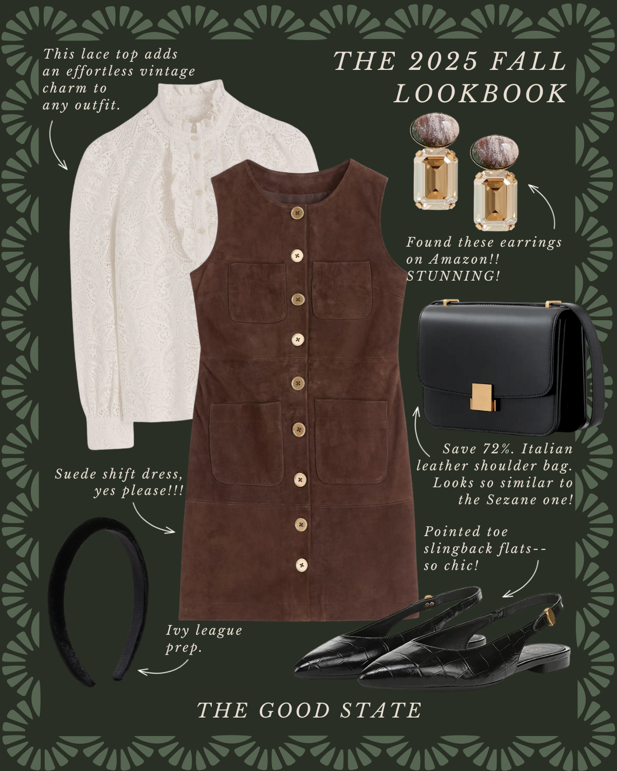 Fall fashion lookbook featuring a white lace top, a brown suede shift dress, gold statement earrings, a black leather shoulder bag, black pointed toe slingback flats, and a black velvet headband. Text highlights the style details and shopping tips.