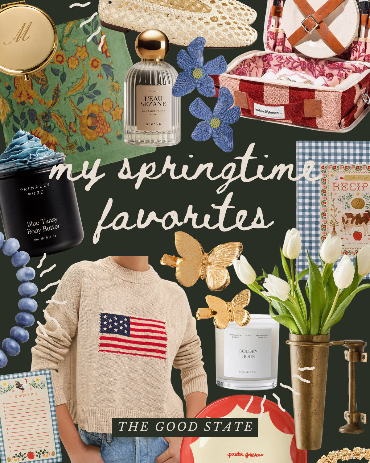A collage of spring-themed items including a green floral fabric, a bottle of L'eau Sezane perfume, a black body butter jar, blue embroidered flowers, a striped picnic basket, a vintage recipe book, white tulips in a gold vase, a beige sweater with a
